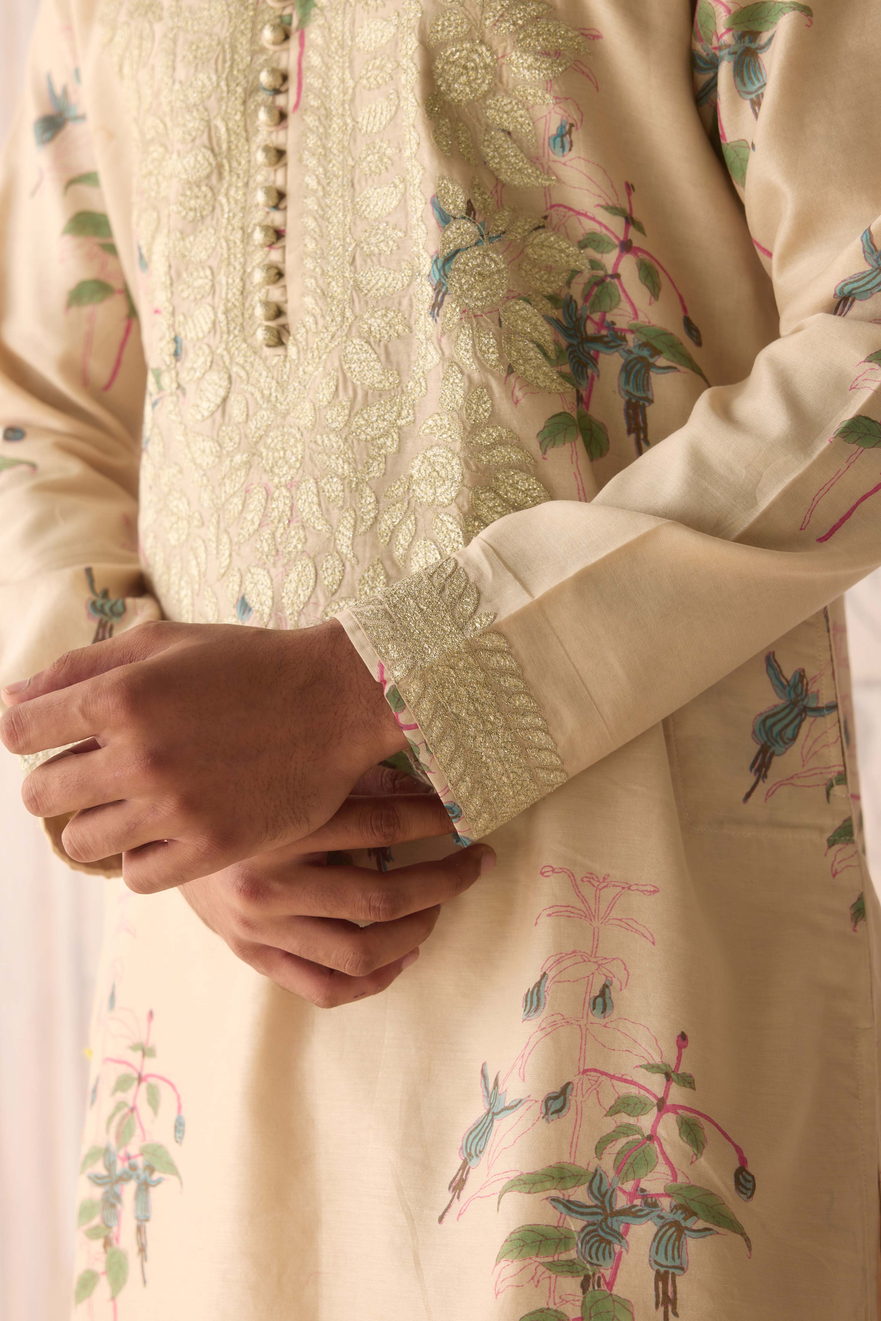 Sandshell neutral Hand block printed chanderi kurta with gold applique and thread embroidery paired with Jodhpuri pants