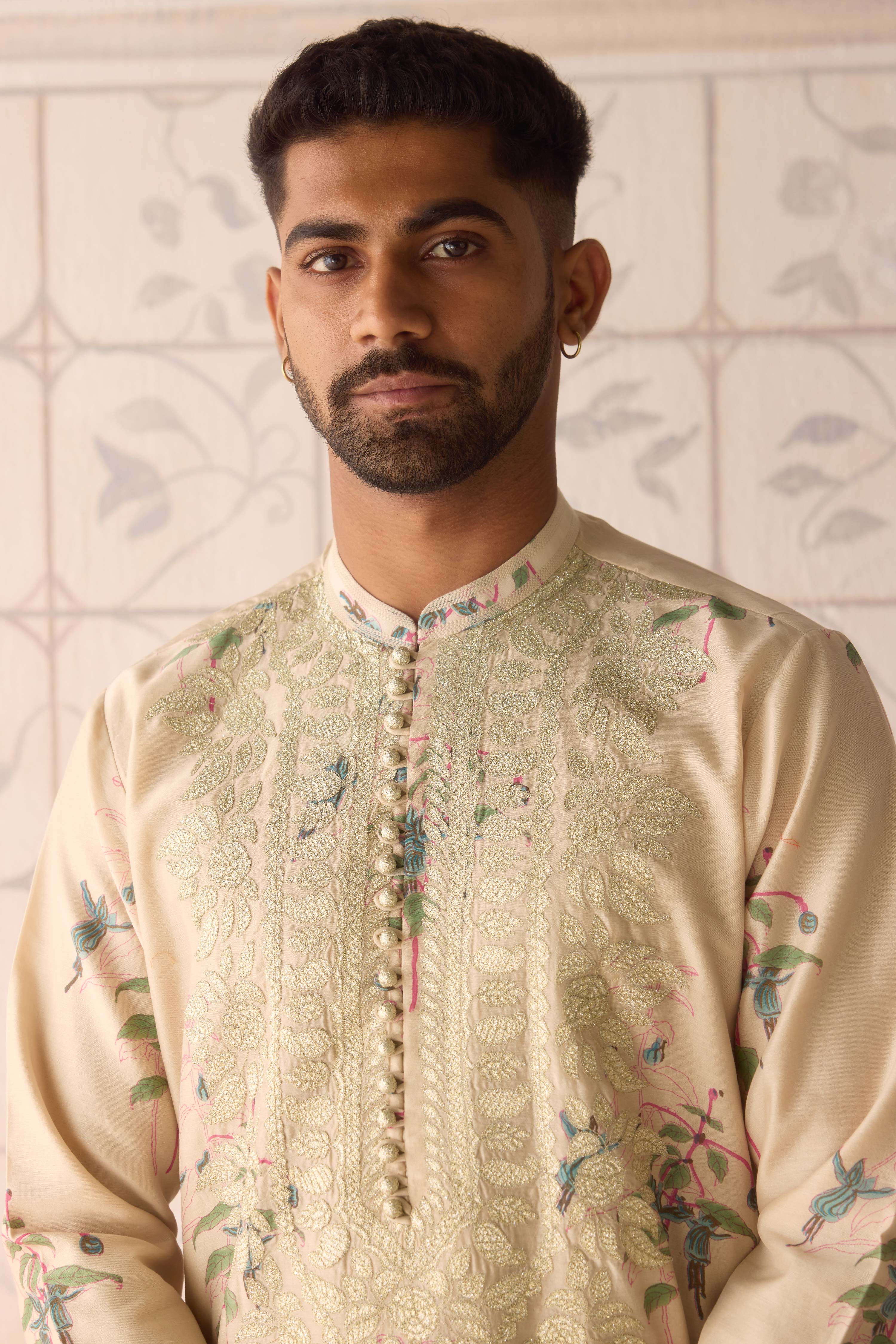 Sandshell neutral Hand block printed chanderi kurta with gold applique and thread embroidery paired with Jodhpuri pants