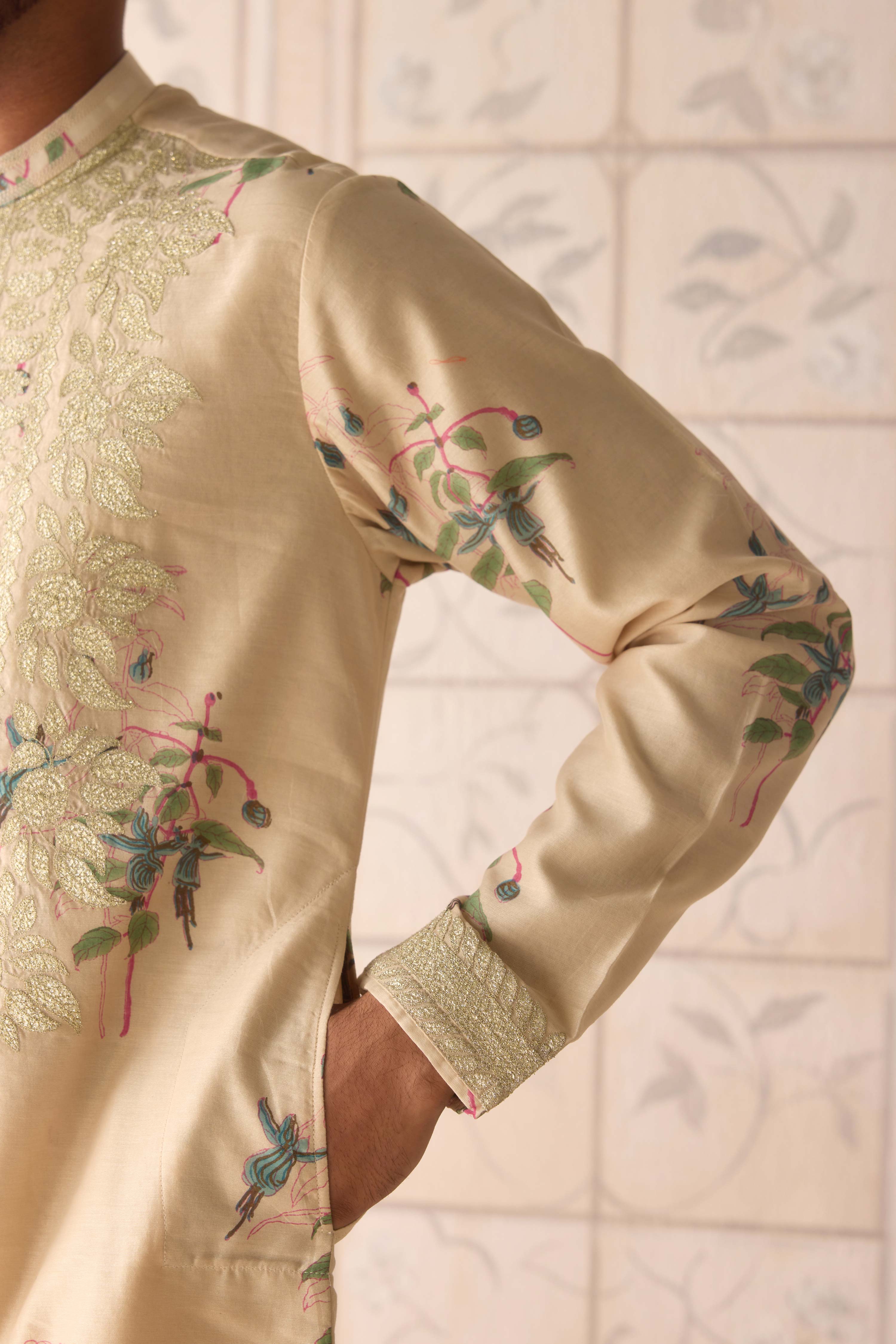 Sandshell neutral Hand block printed chanderi kurta with gold applique and thread embroidery paired with Jodhpuri pants