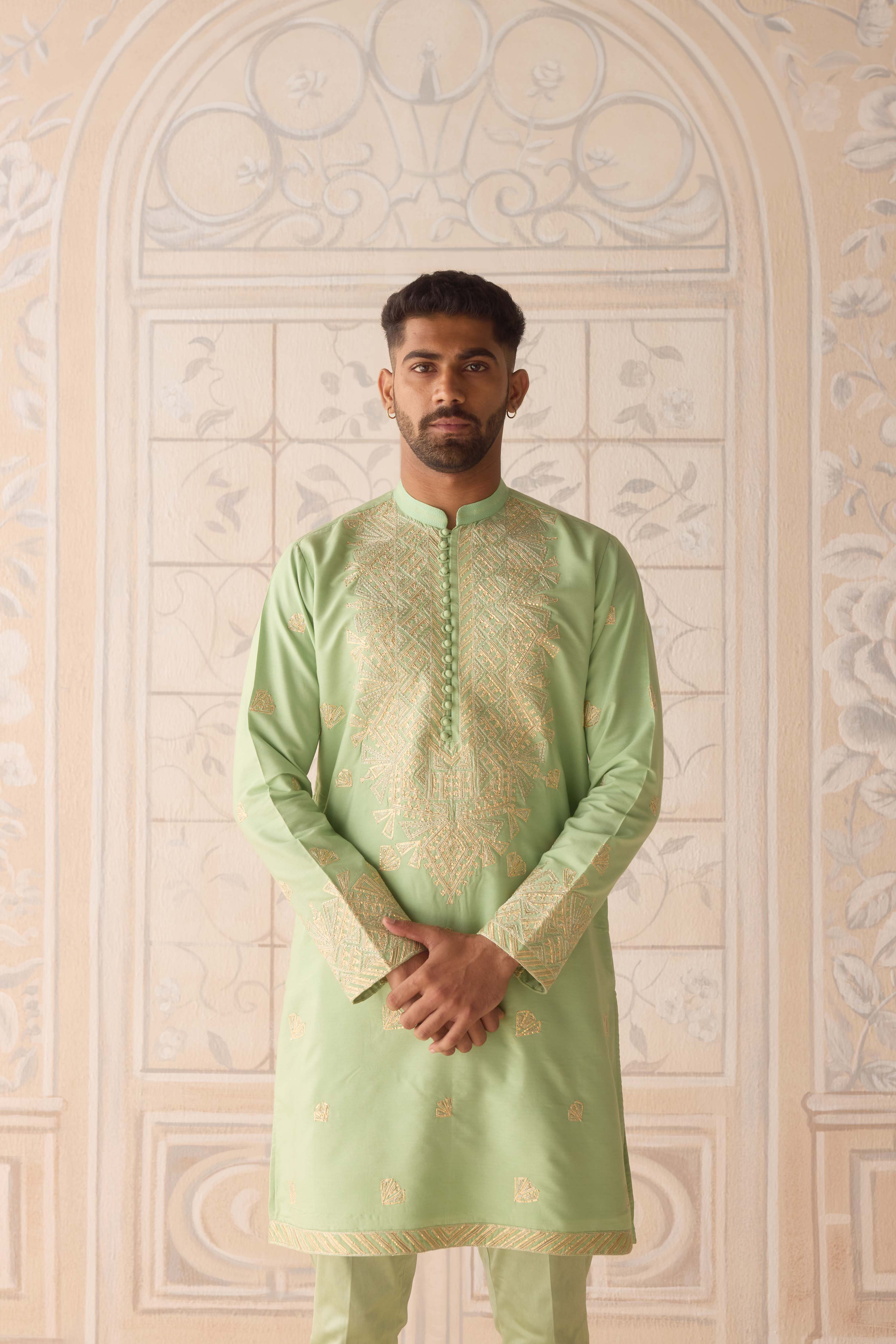 Reed green gold dori and thread embroidered cotton silk kurta with trousers