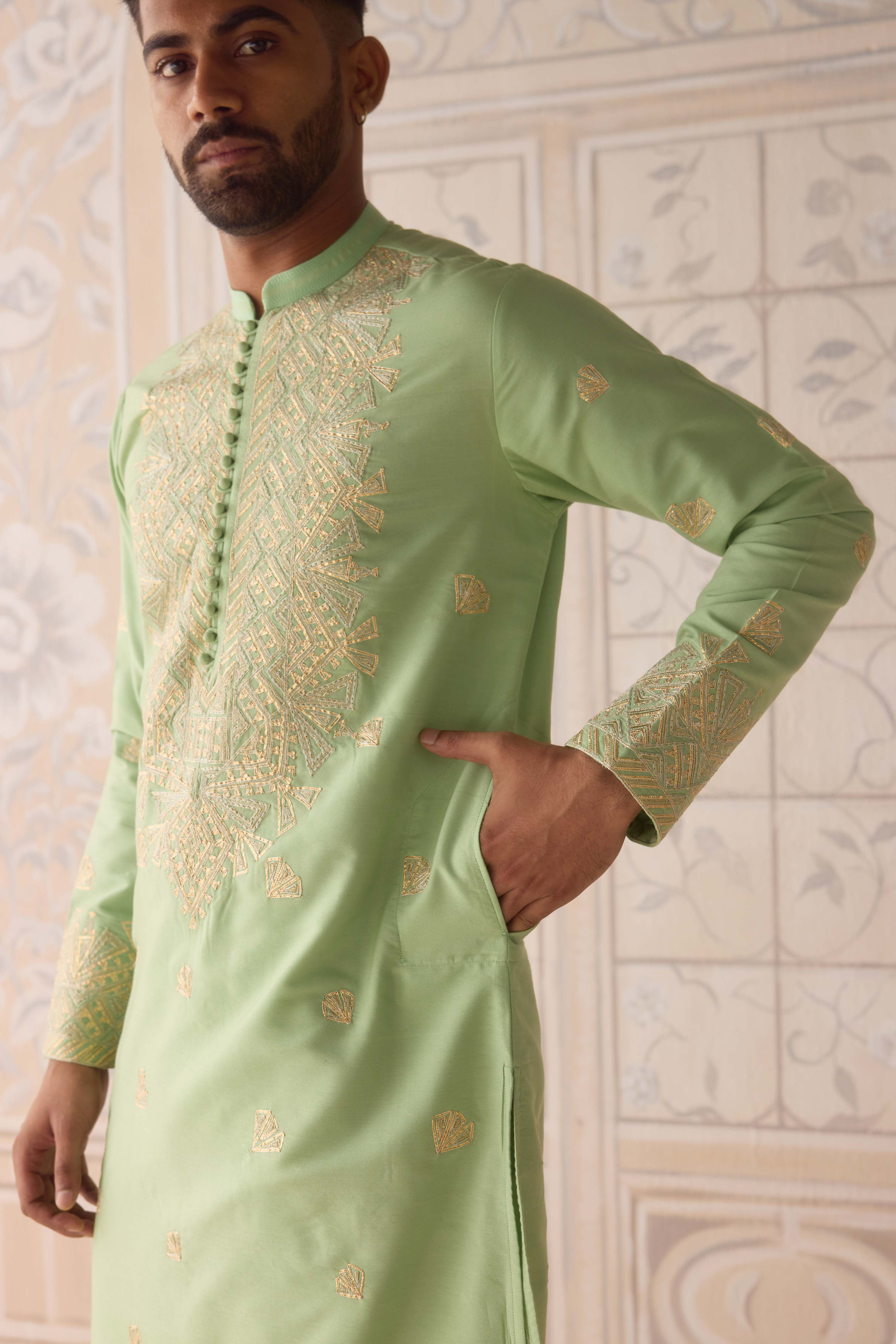 Reed green gold dori and thread embroidered cotton silk kurta with trousers
