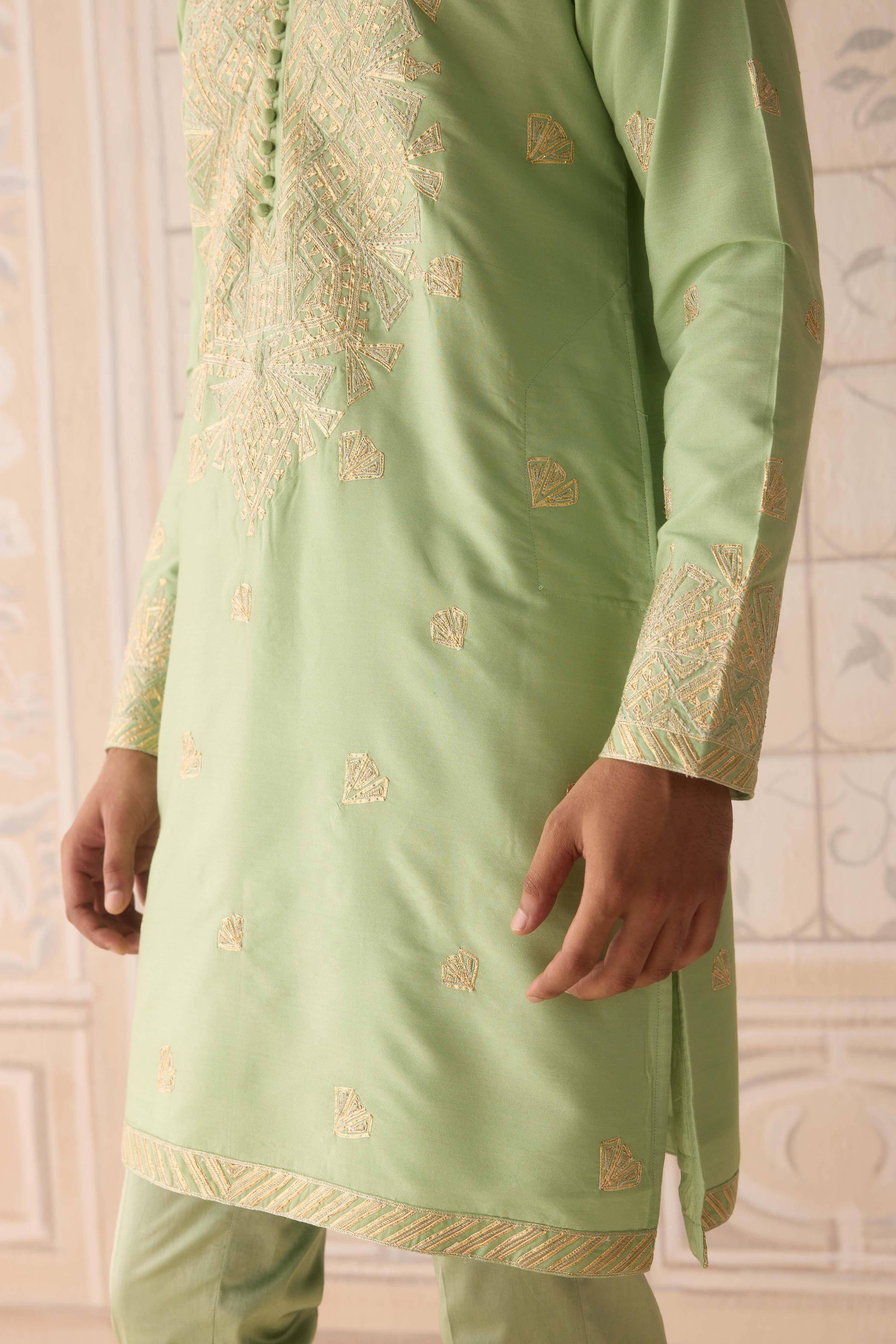 Reed green gold dori and thread embroidered cotton silk kurta with trousers