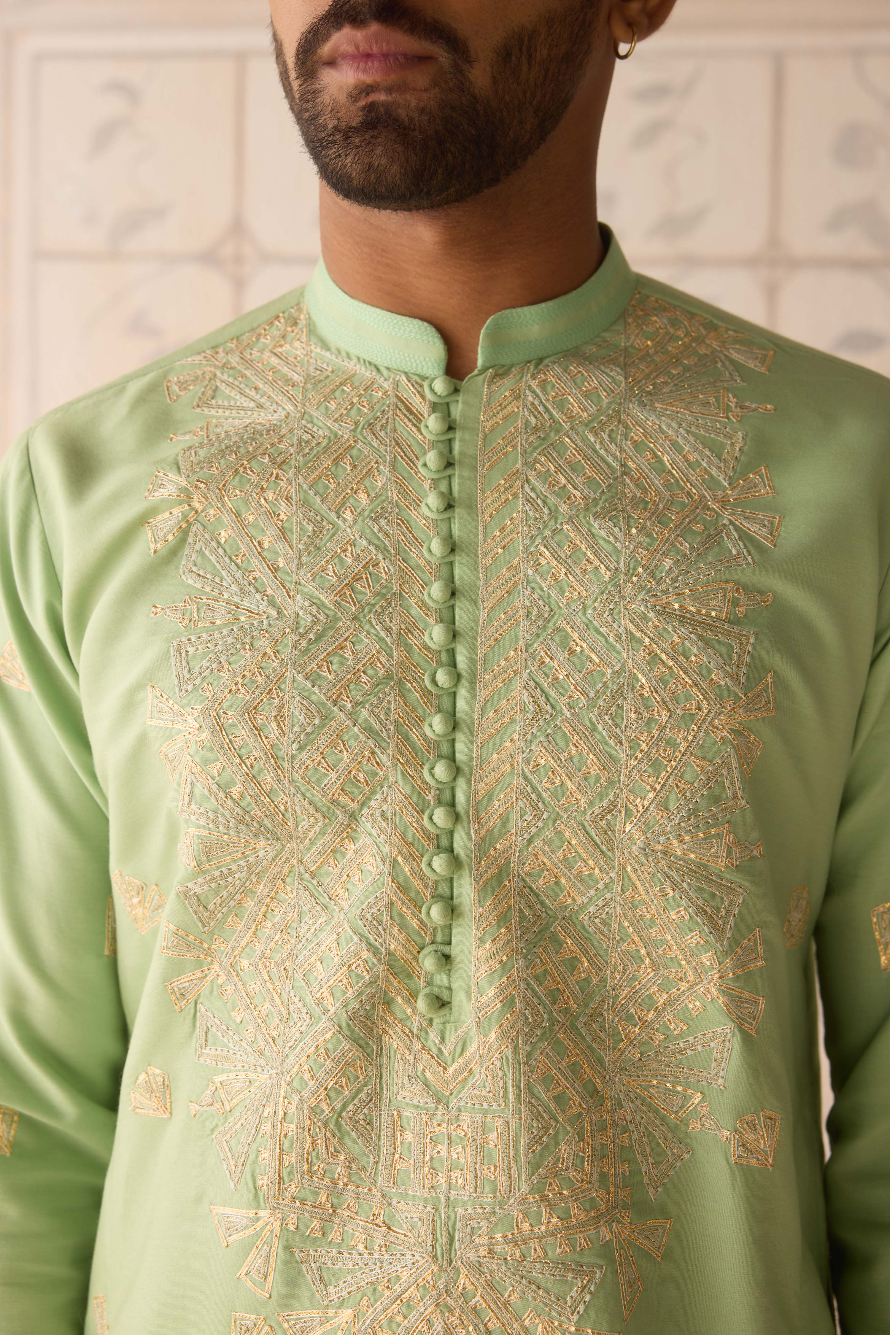 Reed green gold dori and thread embroidered cotton silk kurta with trousers