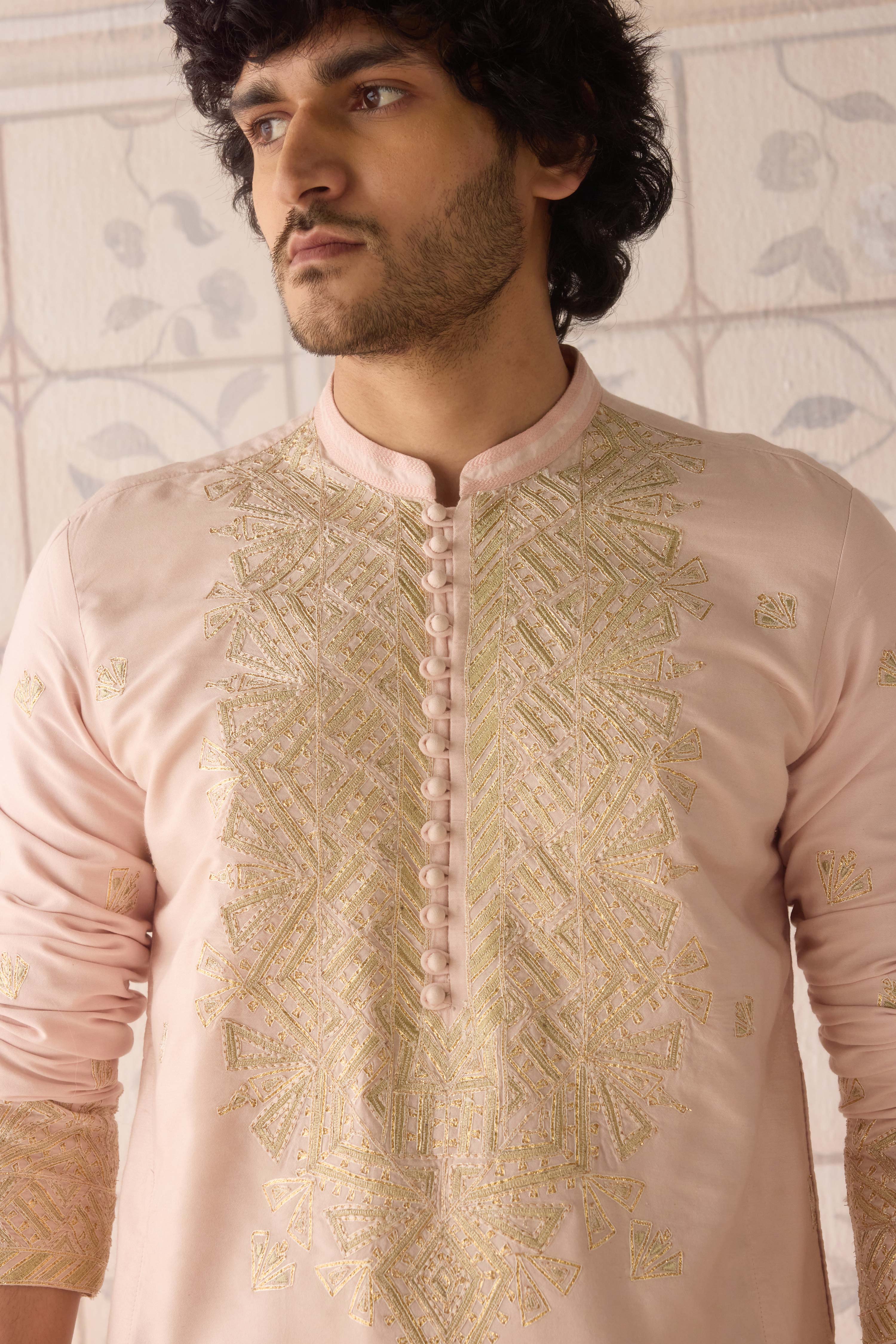 Snow pink gold dori and thread embroidered cotton silk kurta with trousers