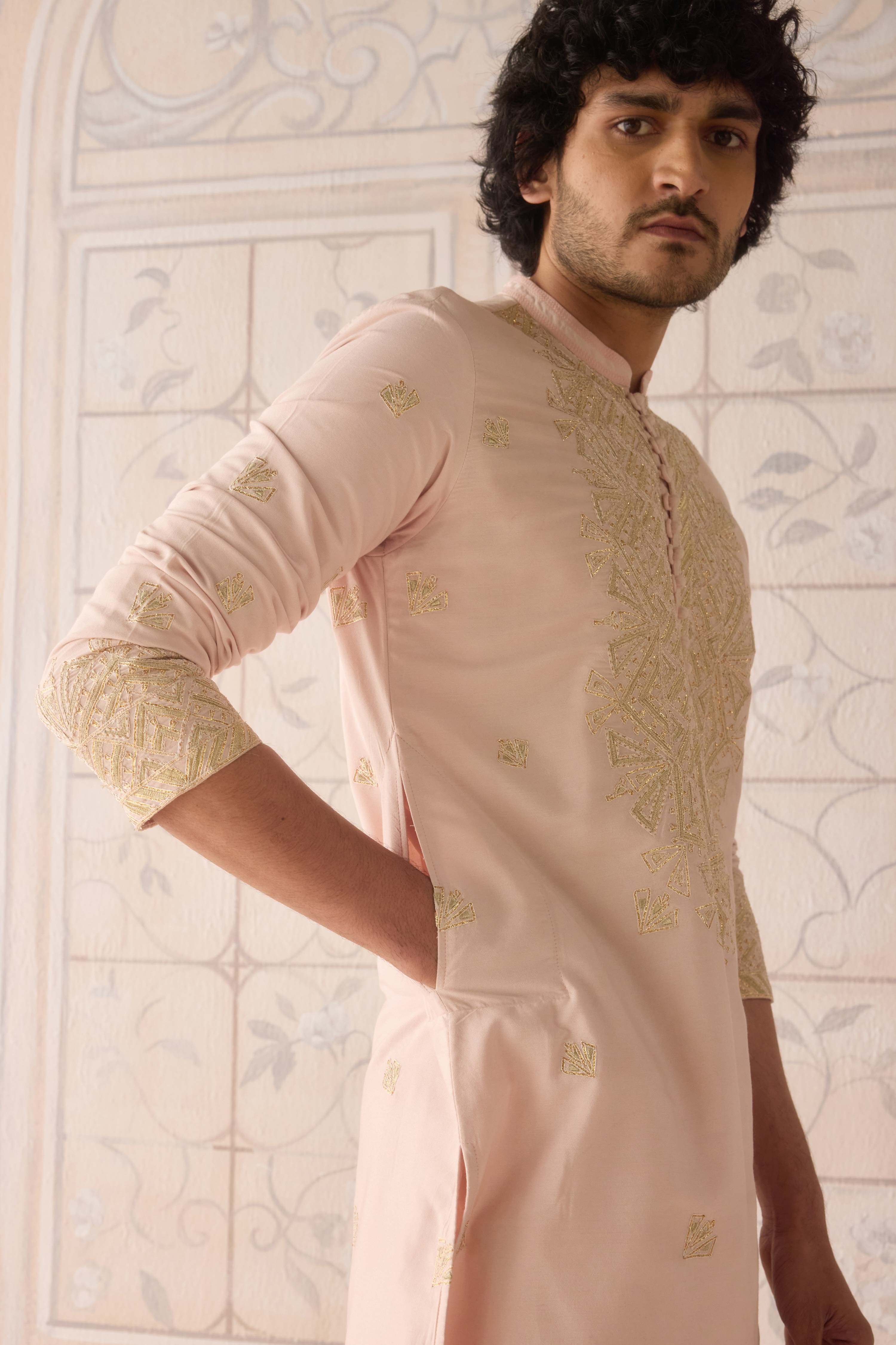 Snow pink gold dori and thread embroidered cotton silk kurta with trousers