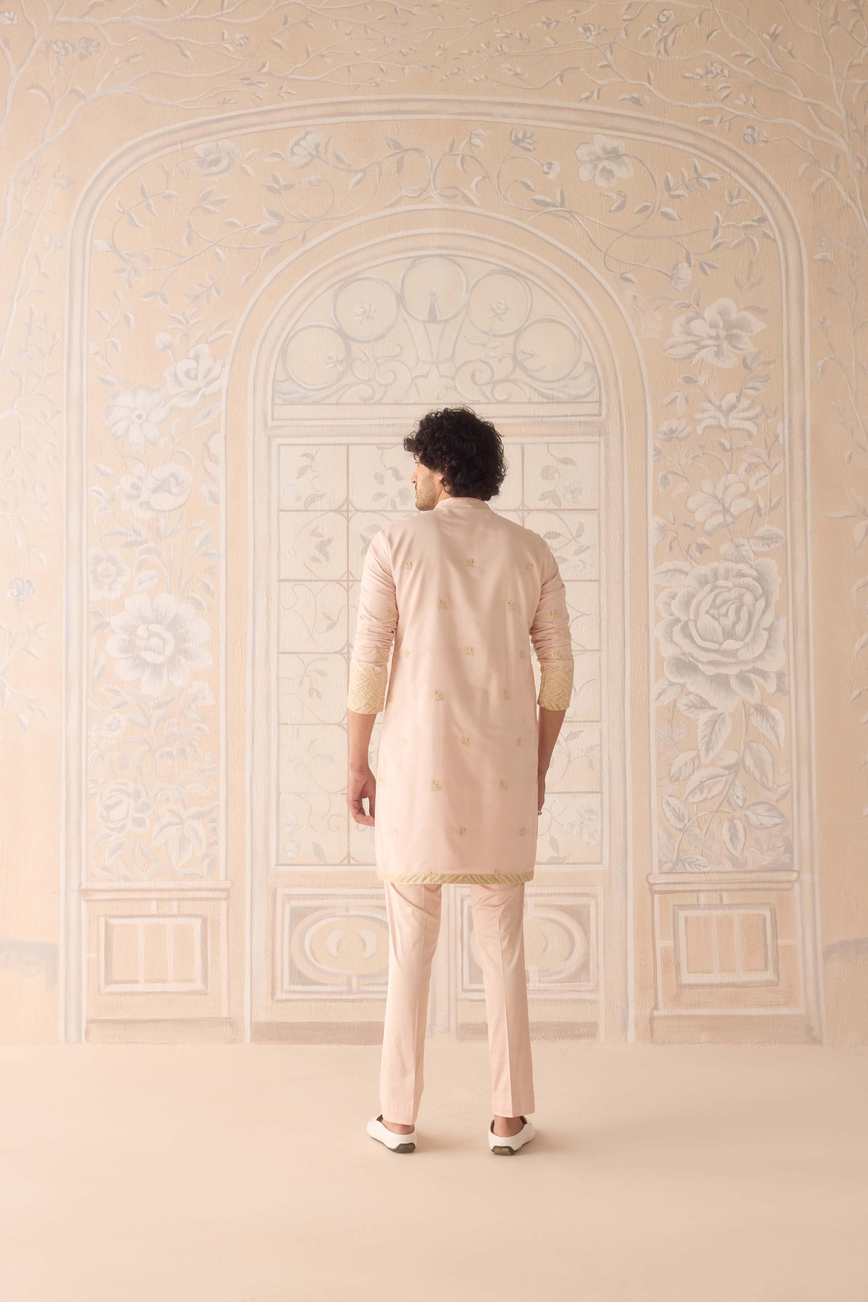 Snow pink gold dori and thread embroidered cotton silk kurta with trousers