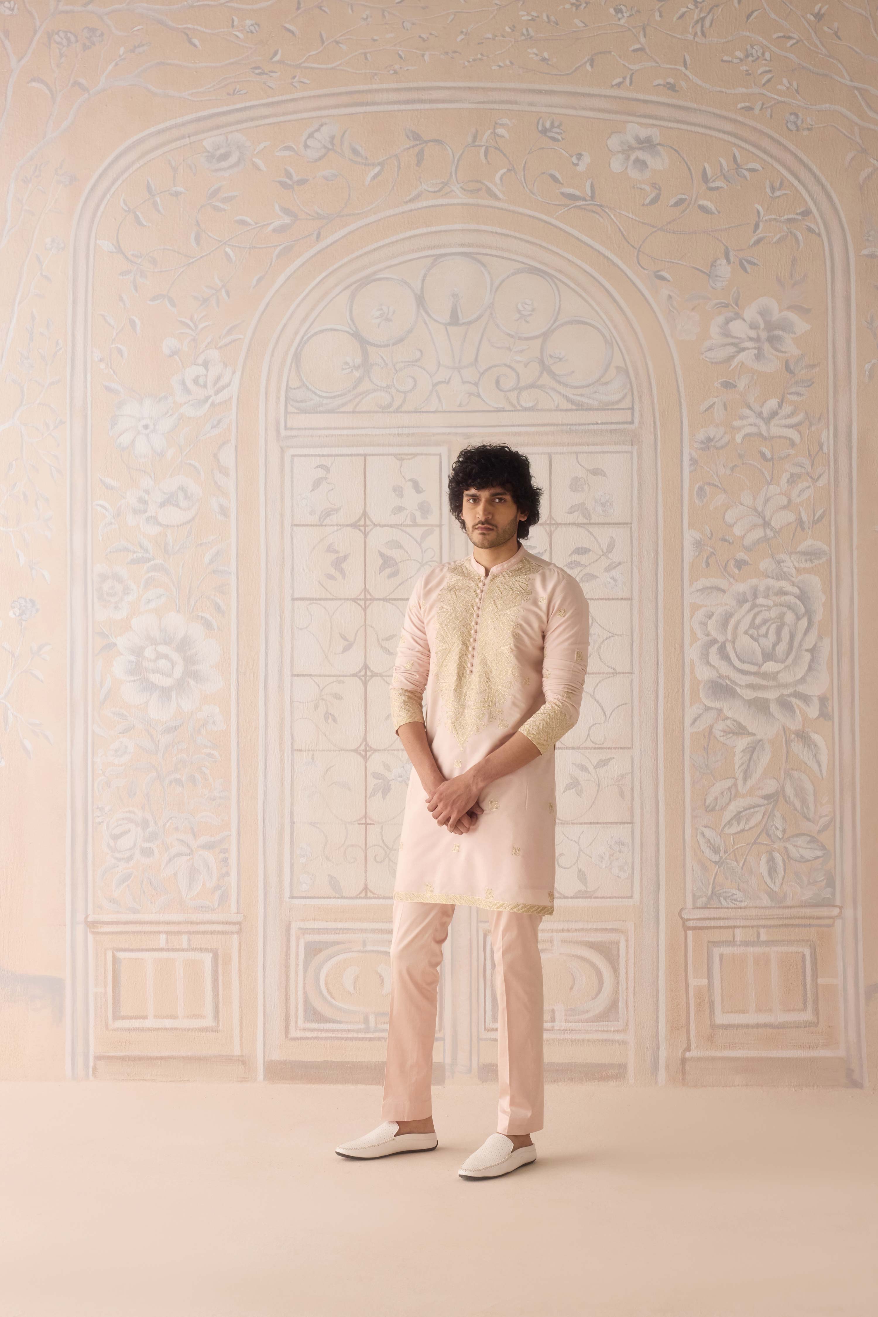 Snow pink gold dori and thread embroidered cotton silk kurta with trousers