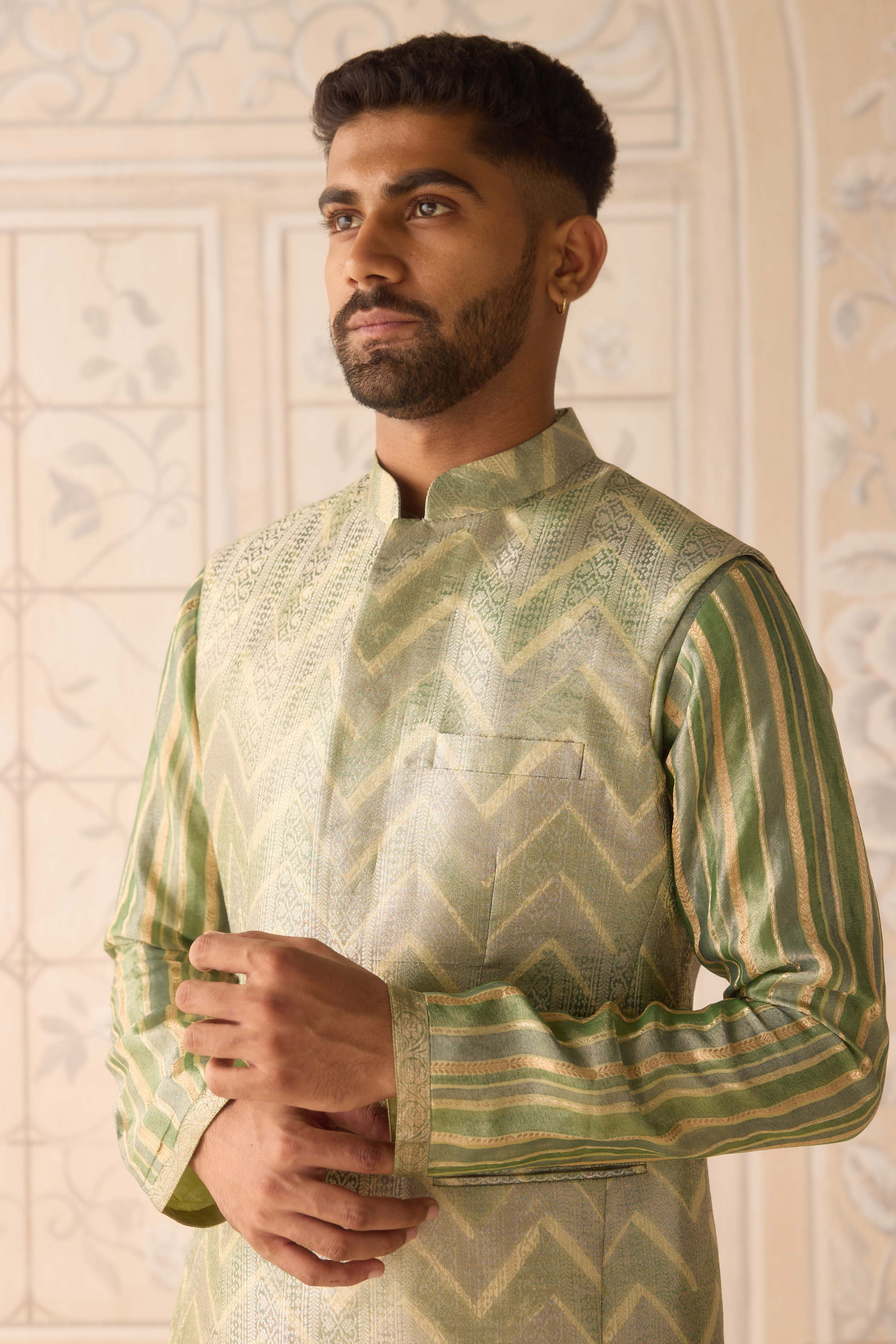Hemlock green hand block printed silk brocade kurta and waistcoat