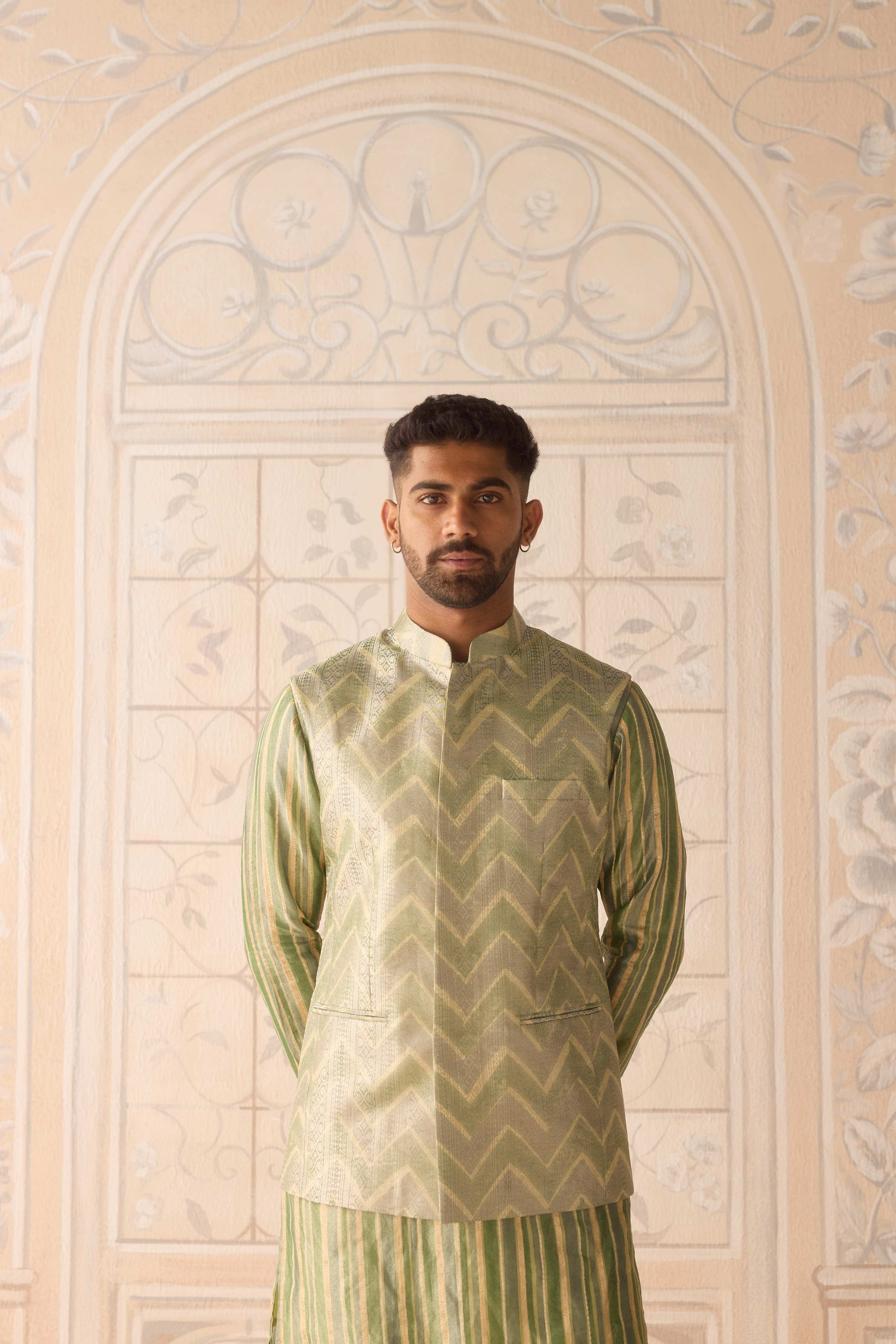 Hemlock green hand block printed silk brocade kurta and waistcoat