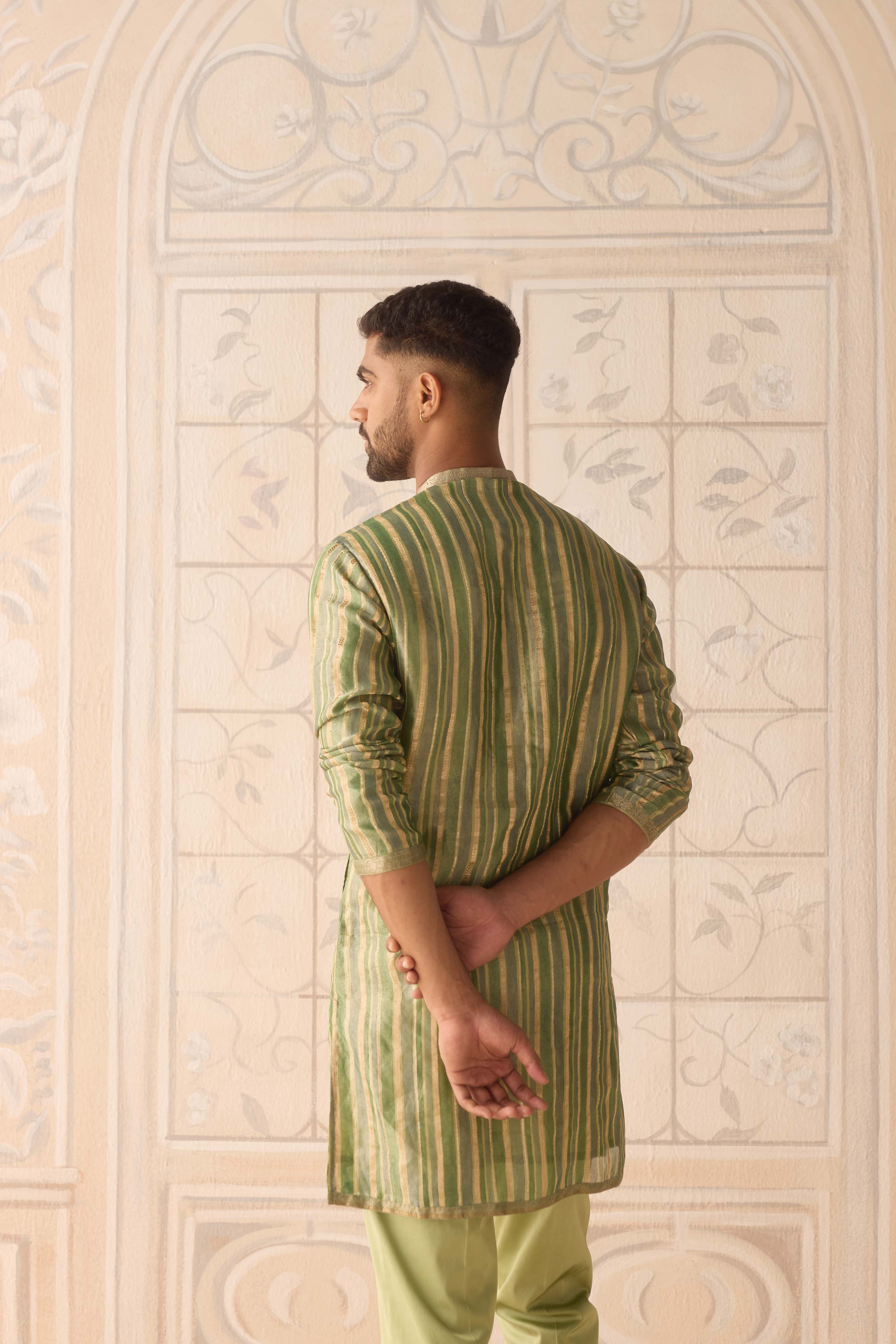 Hemlock green hand block printed silk brocade kurta and waistcoat