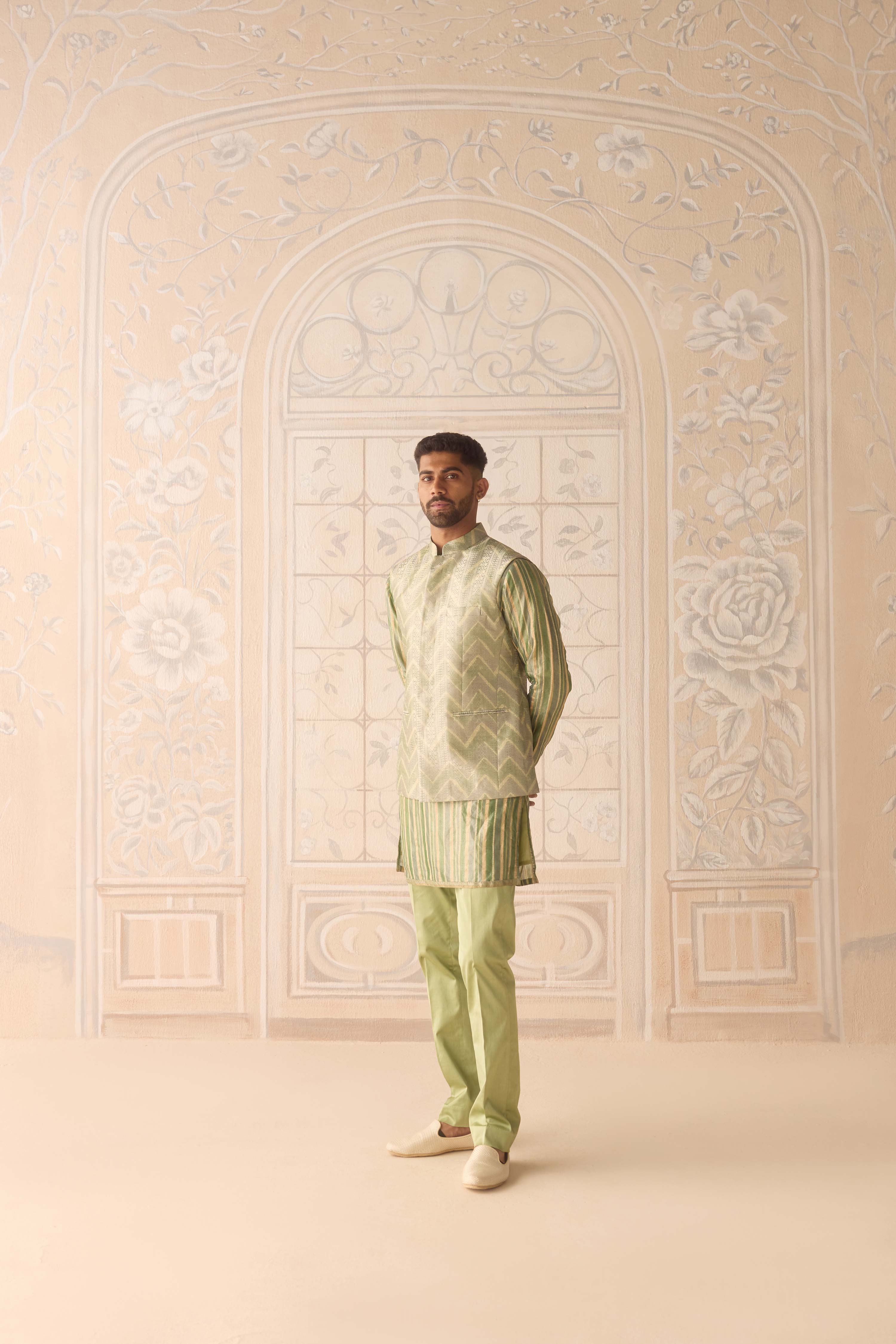 Hemlock green hand block printed silk brocade kurta and waistcoat