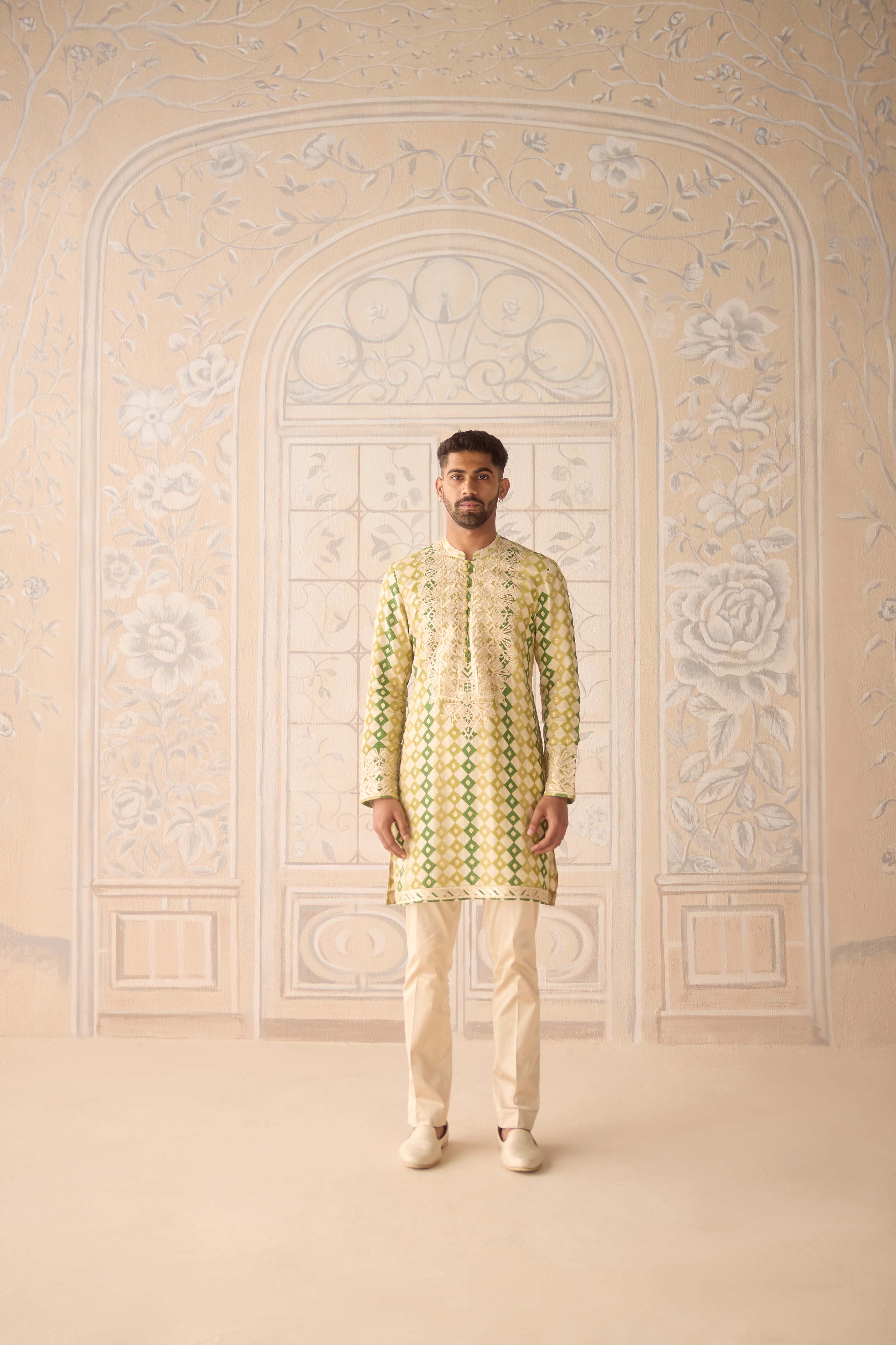 Hand block printed gold dori and thread embroidered chanderi kurta set