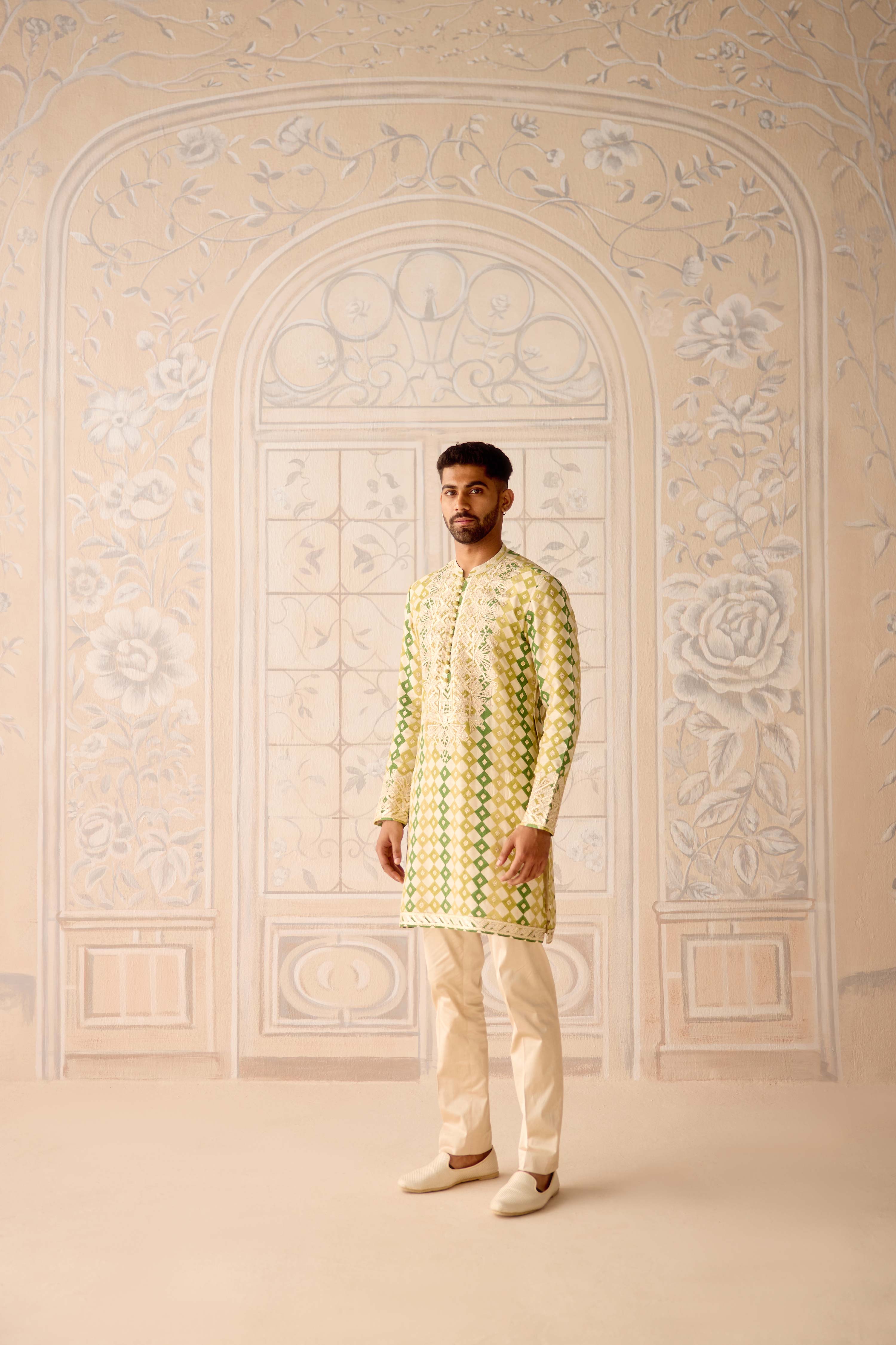 Hand block printed gold dori and thread embroidered chanderi kurta set