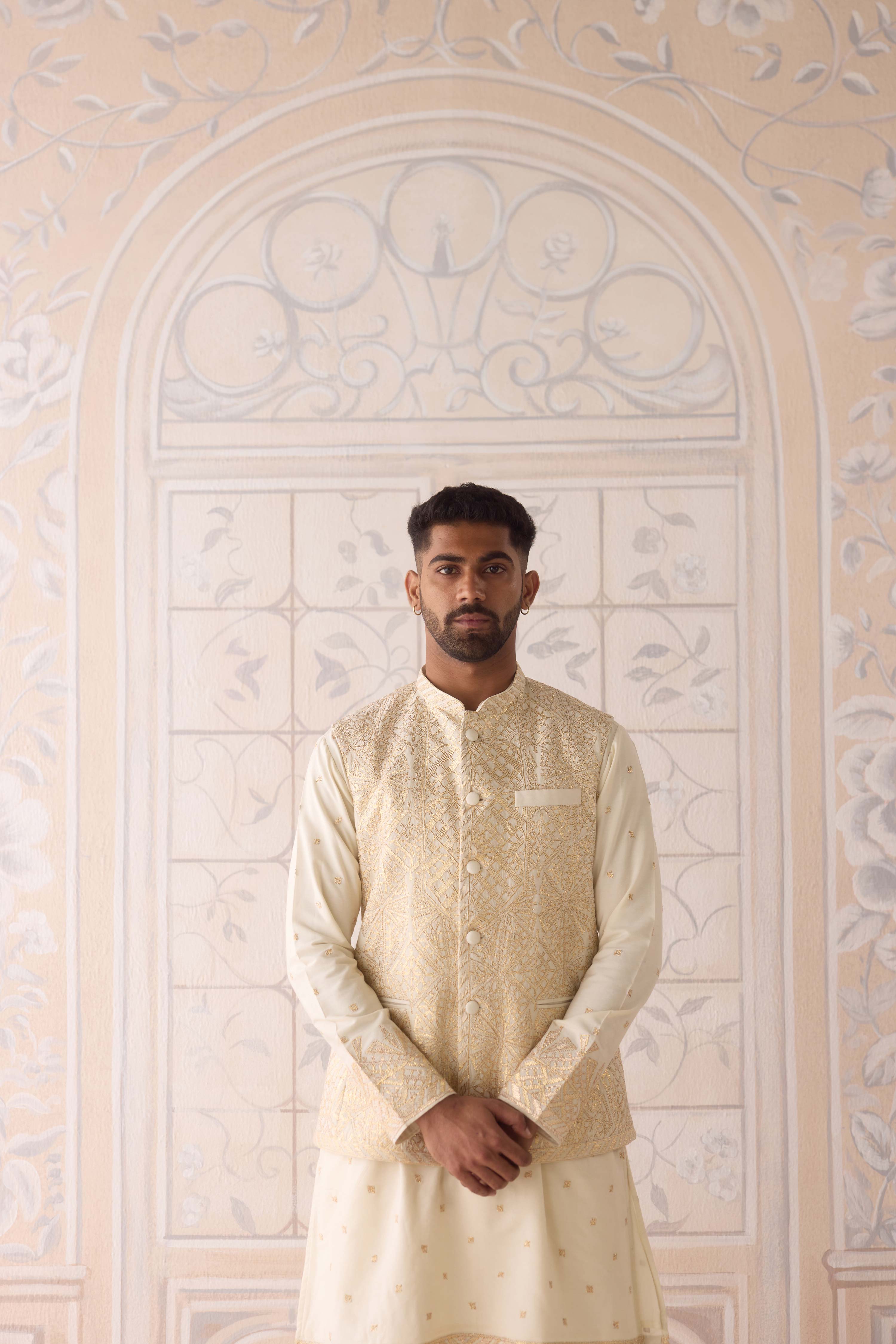 Egret ivory cotton silk gold and thread embroidereed kurta paired with fully embroidered waistcoat