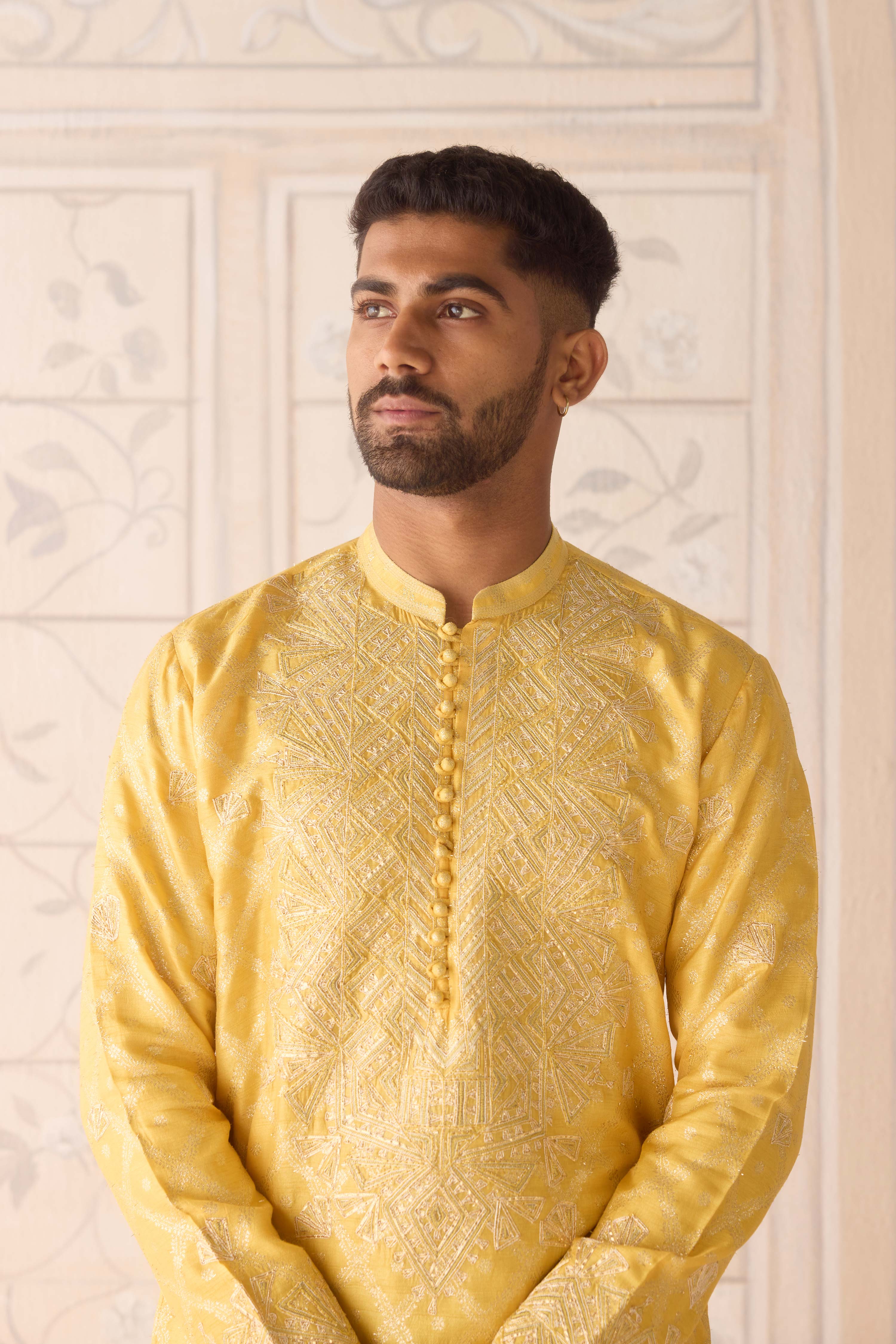 Maize yellow gold dori and thread embroidered cotton silk kurta with trousers