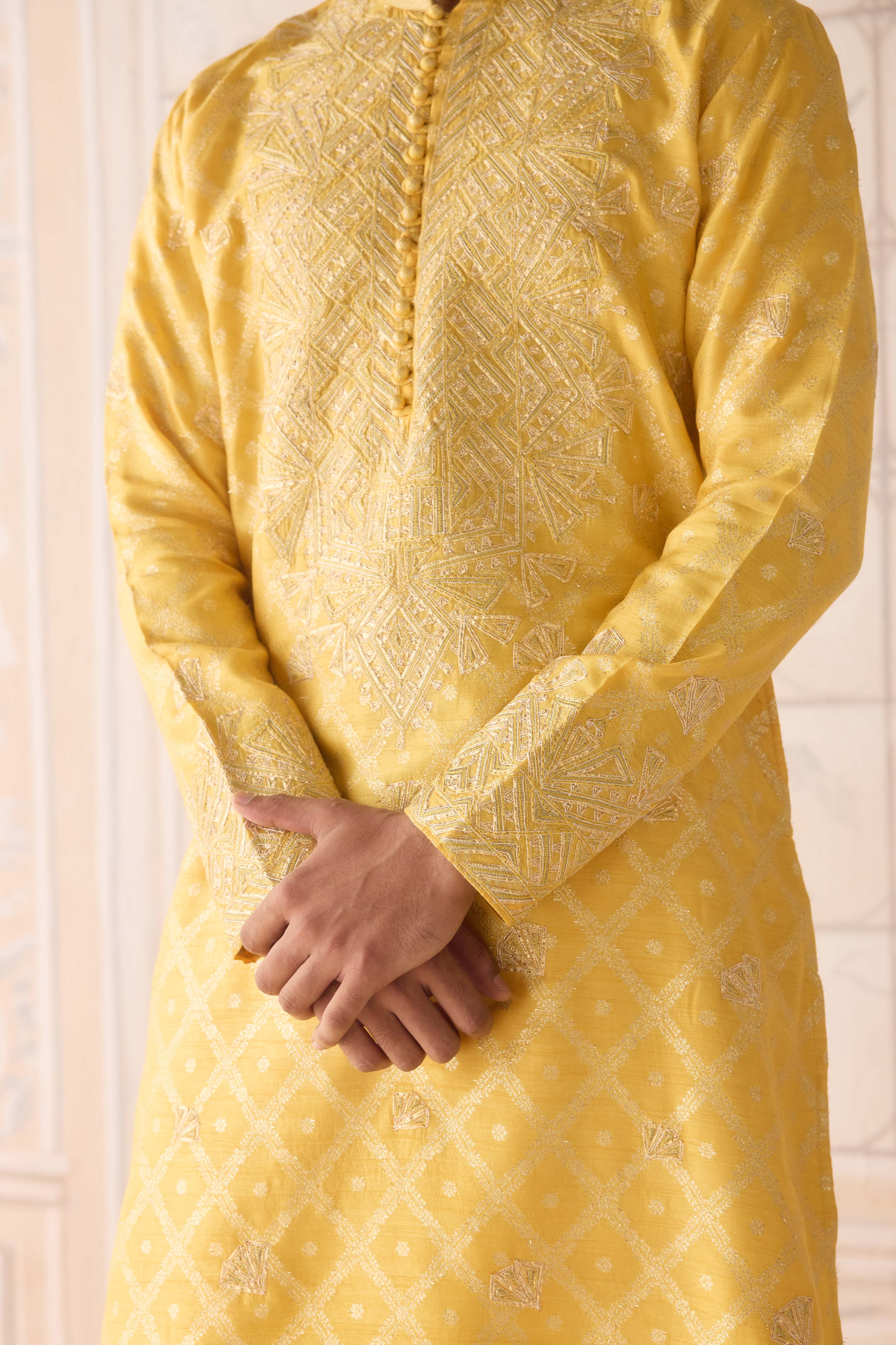 Maize yellow gold dori and thread embroidered cotton silk kurta with trousers