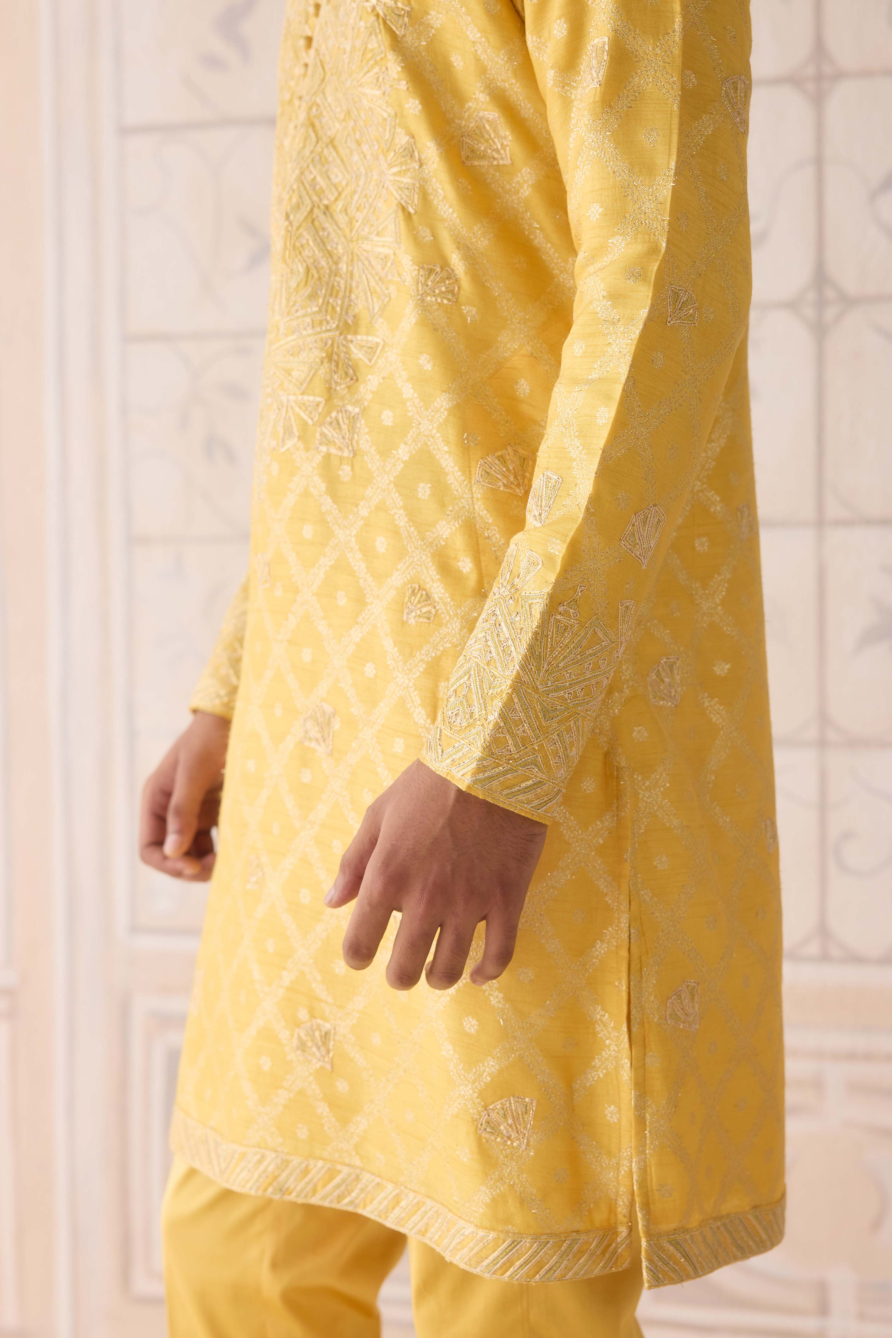 Maize yellow gold dori and thread embroidered cotton silk kurta with trousers