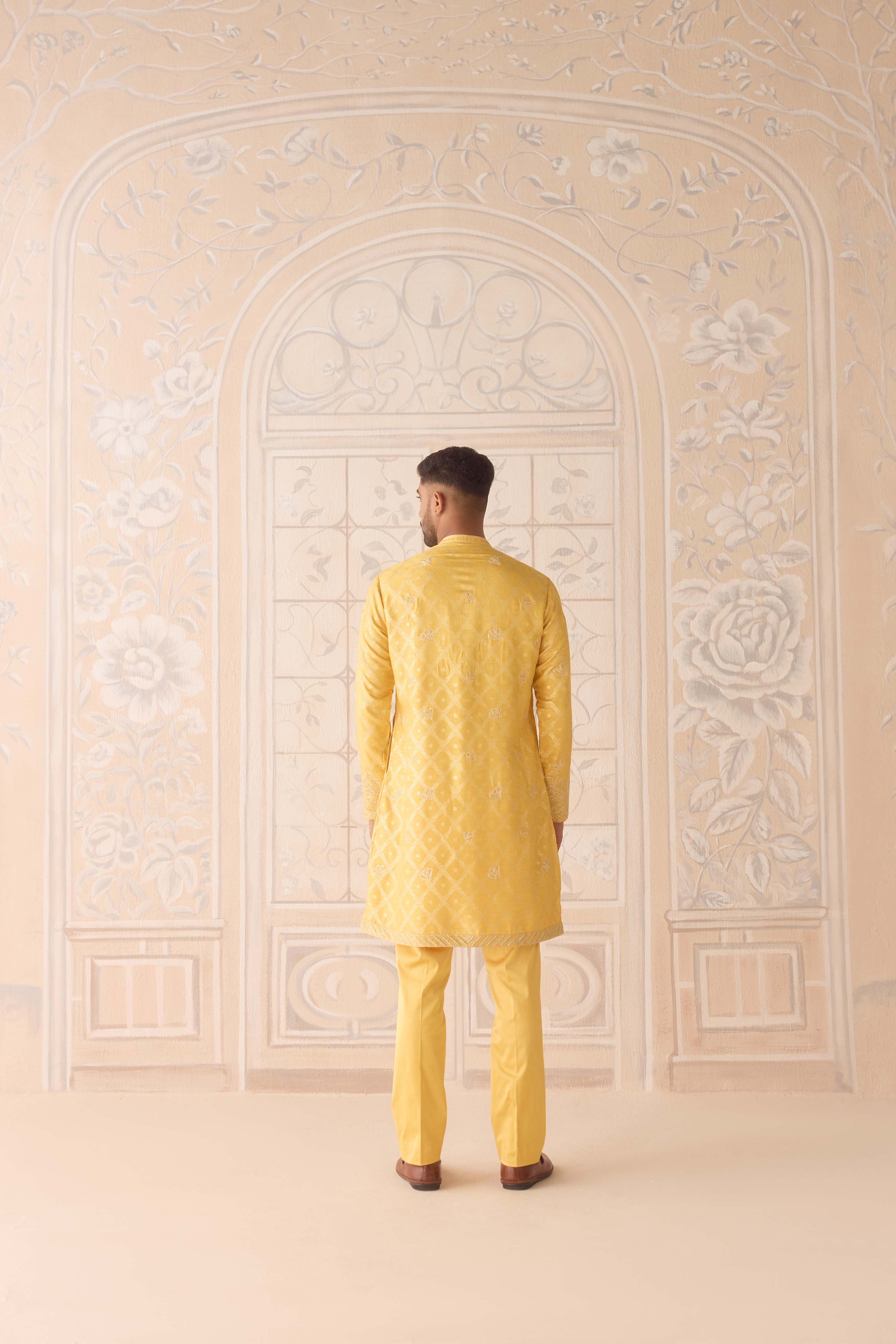 Maize yellow gold dori and thread embroidered cotton silk kurta with trousers