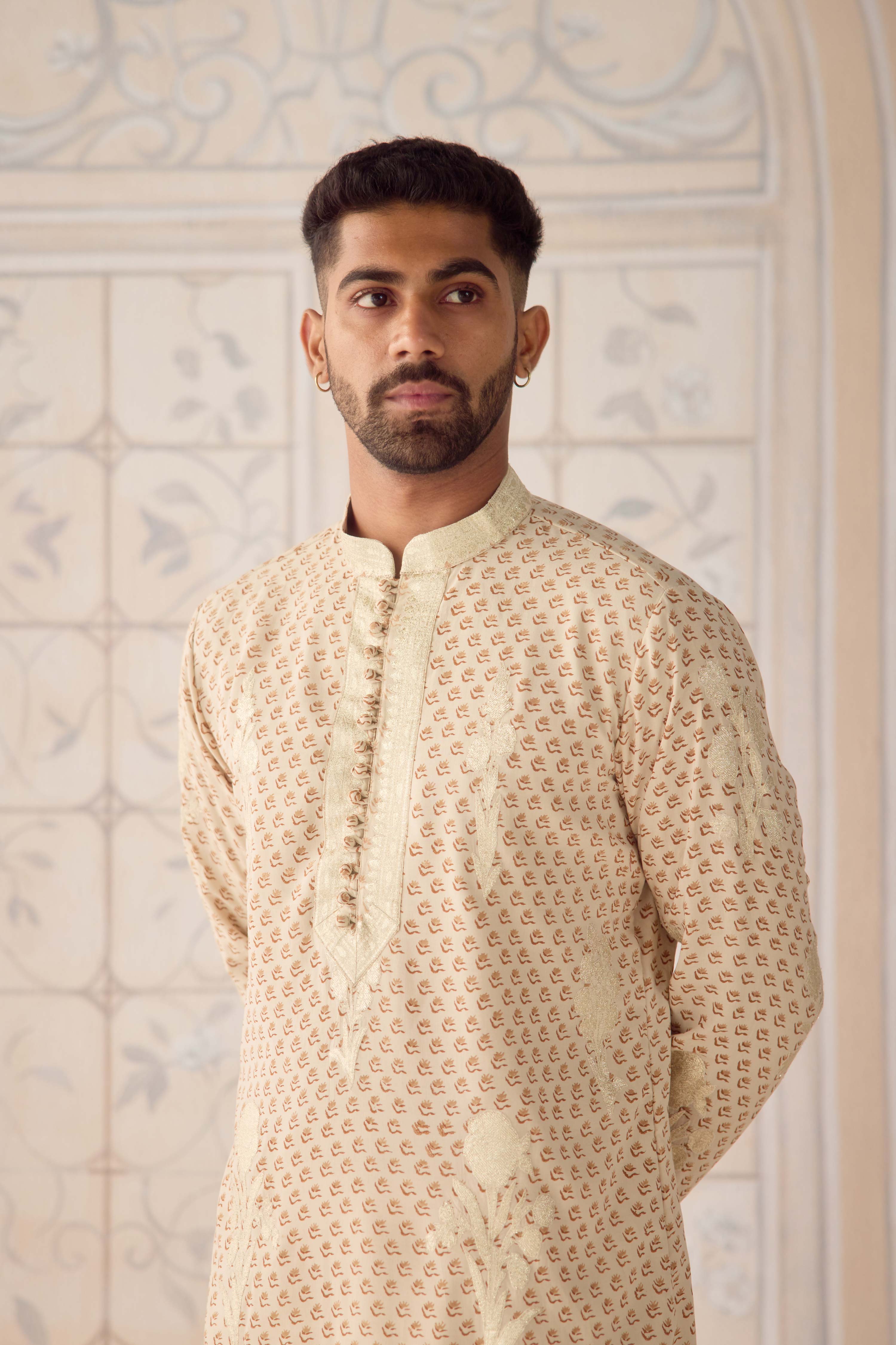 Antique white hand block printed cotton silk gold applique embroidered kurta with matching waist coat