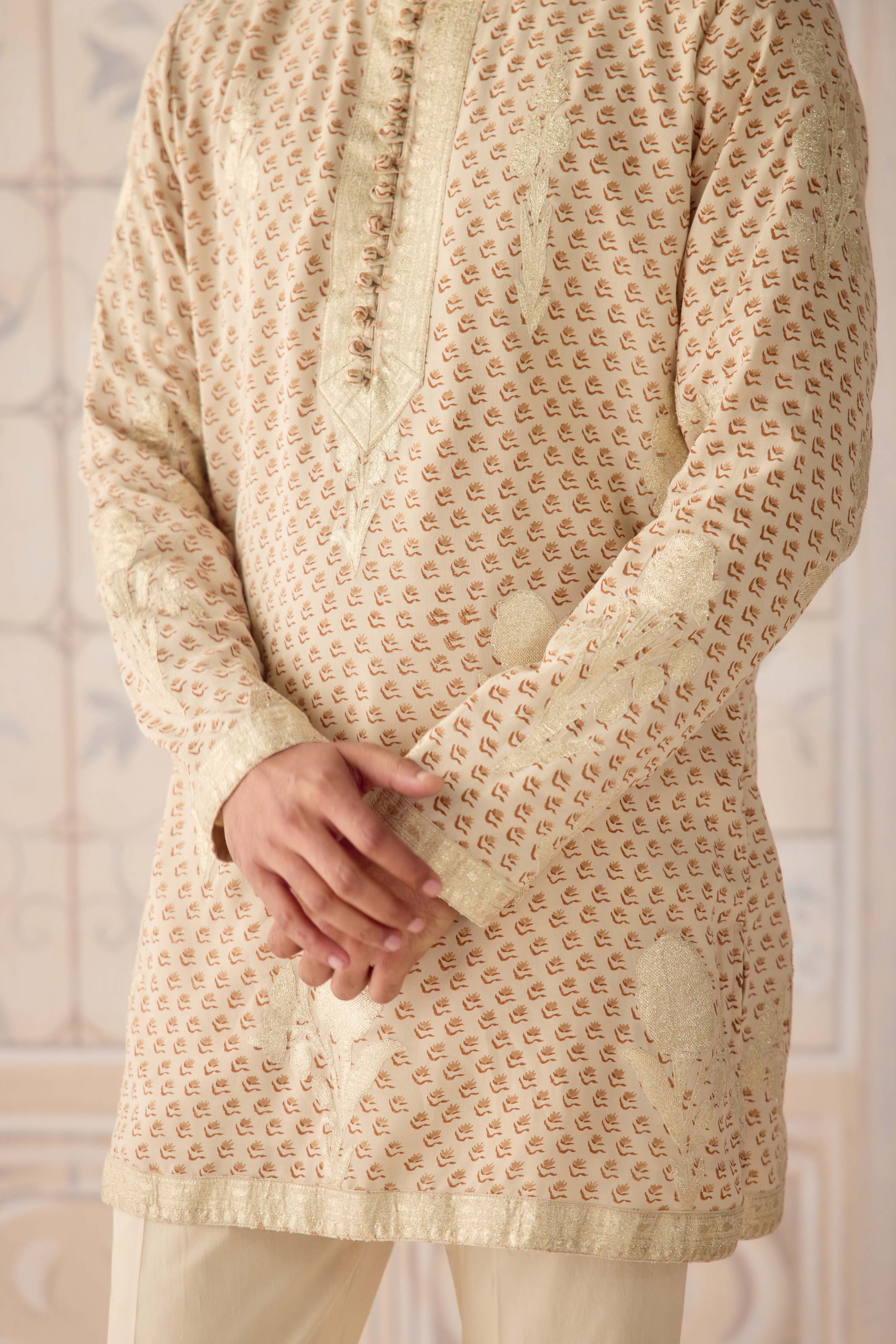 Antique white hand block printed cotton silk gold applique embroidered kurta with matching waist coat