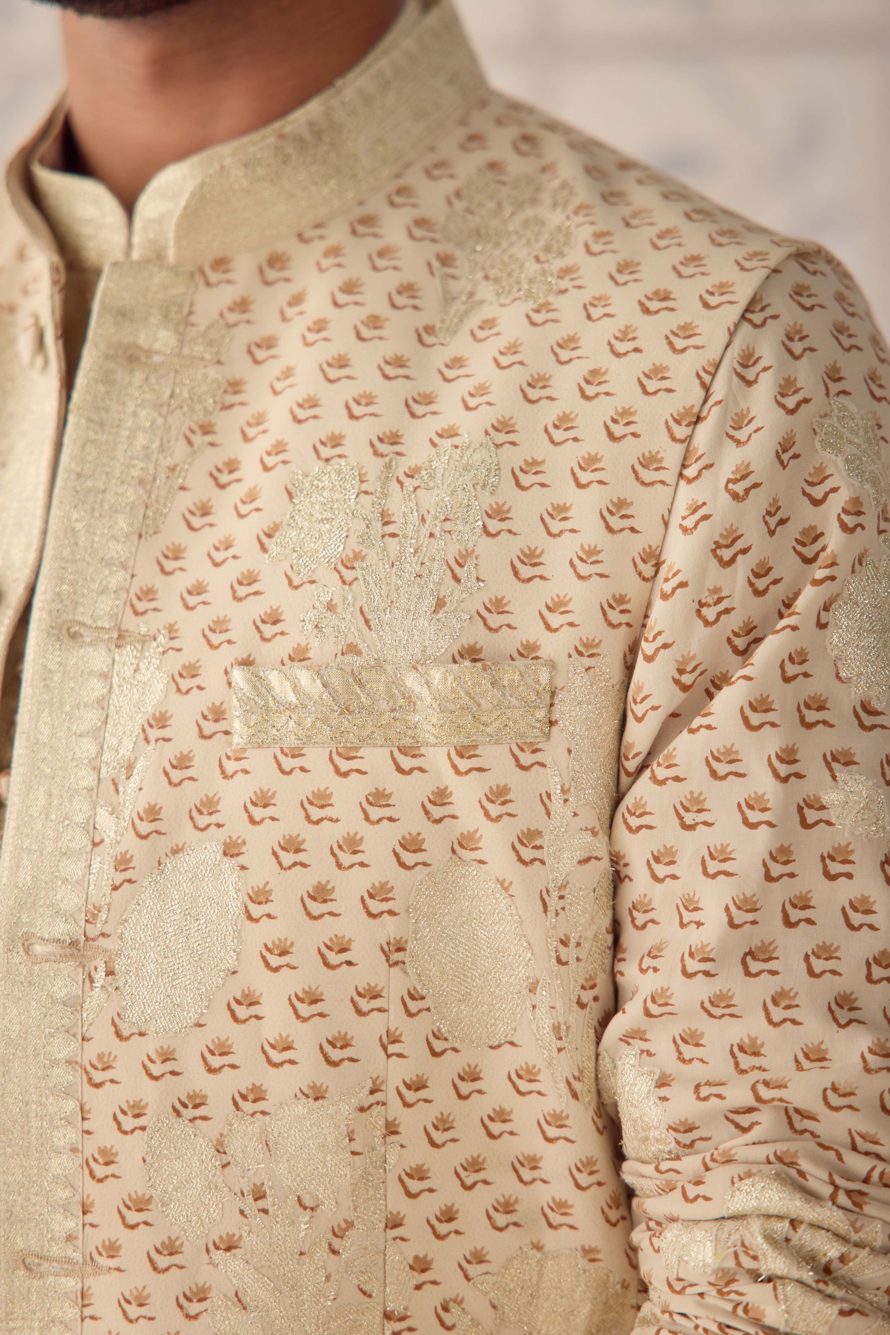 Antique white hand block printed cotton silk gold applique embroidered kurta with matching waist coat