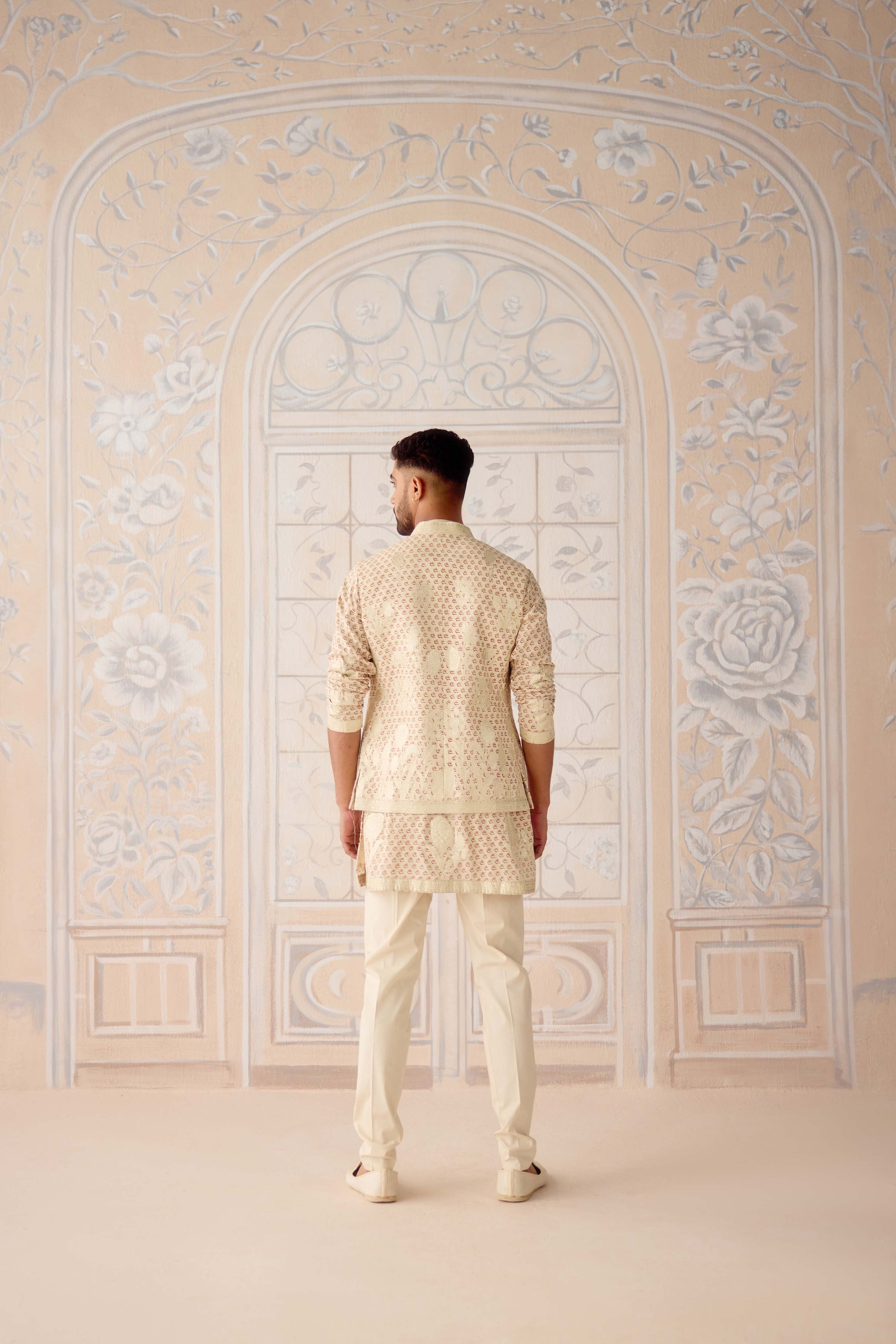 Antique white hand block printed cotton silk gold applique embroidered kurta with matching waist coat