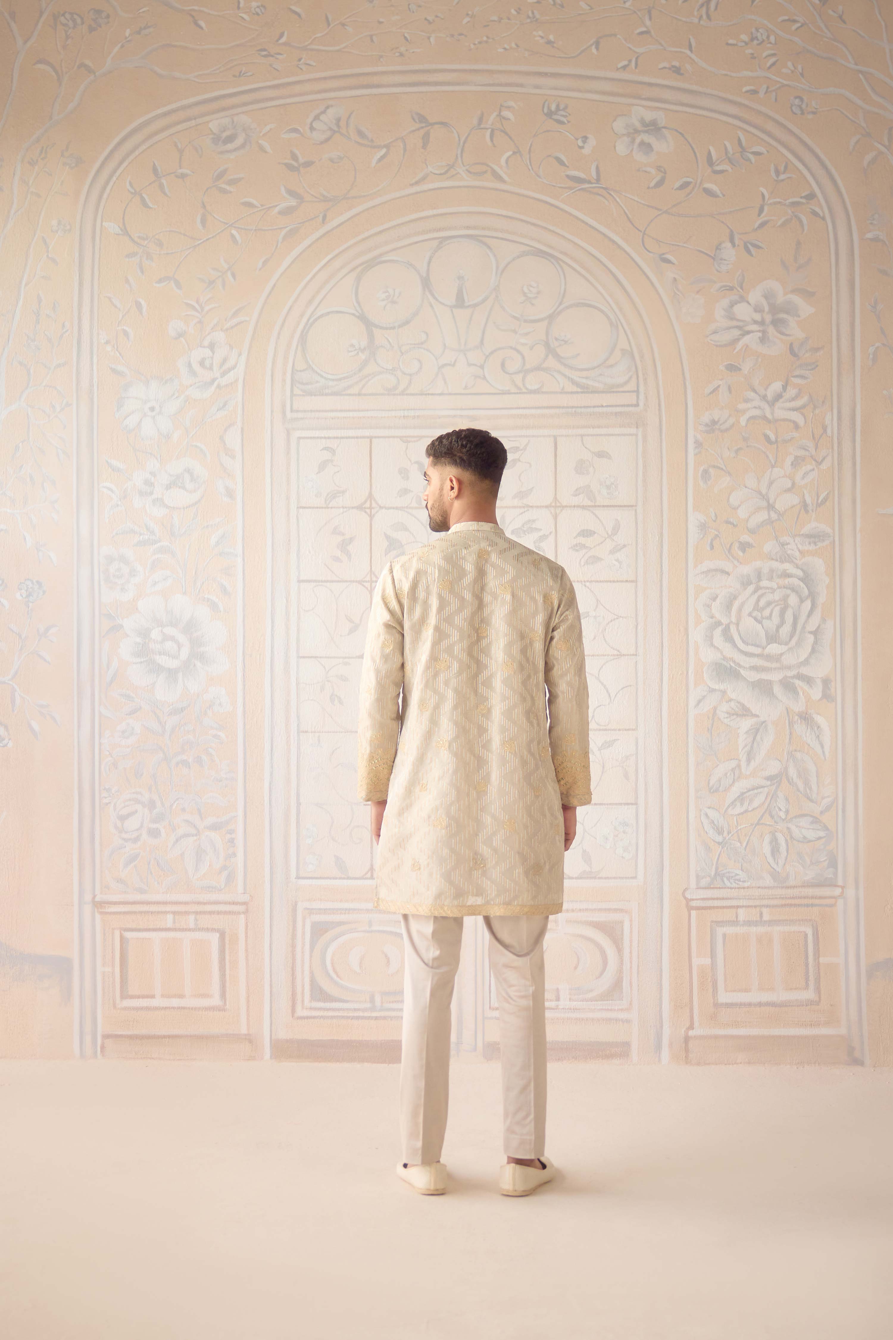 Birch metalic organza silk brocade kurta set with gold applique embroidery and thread work