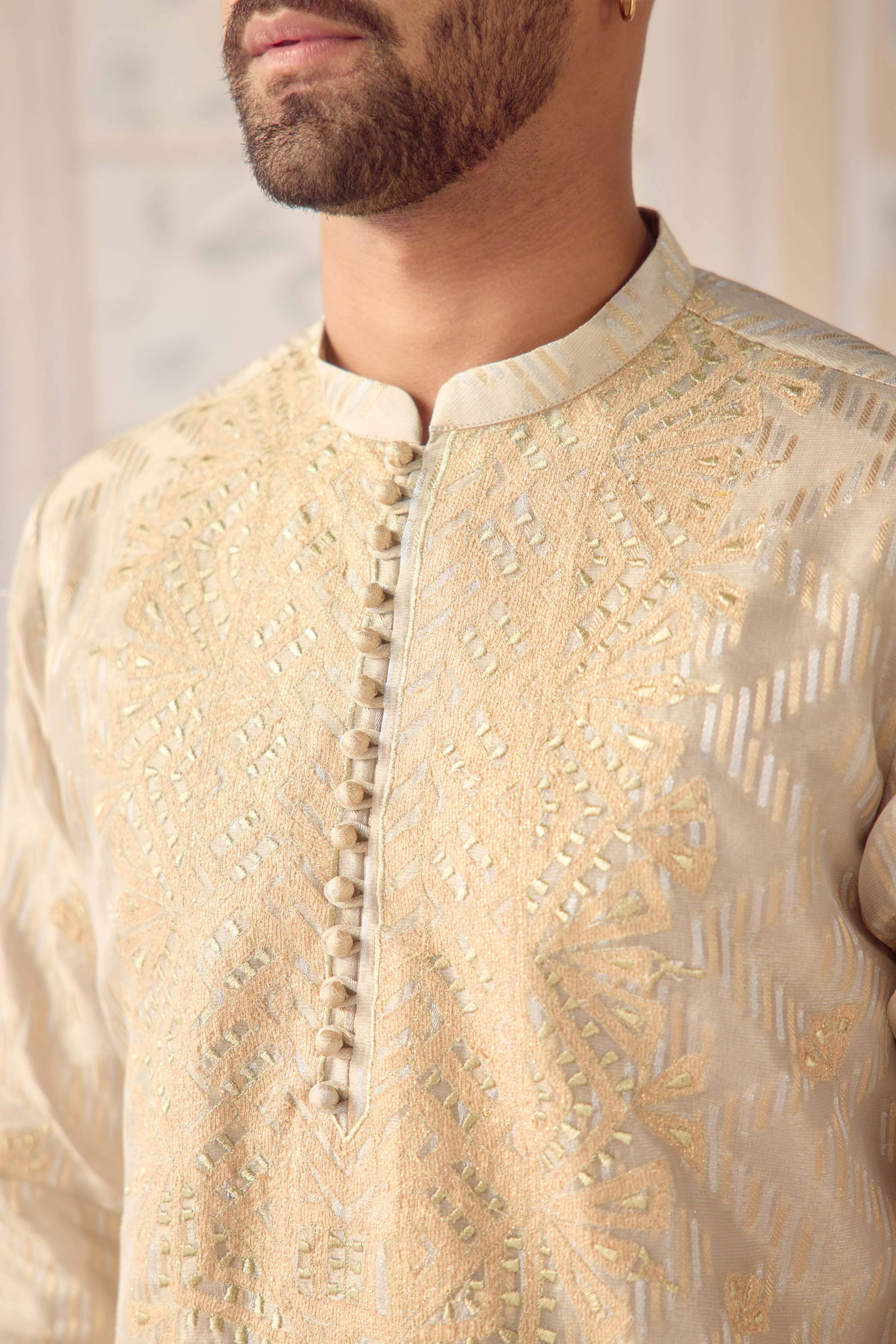 Birch metalic organza silk brocade kurta set with gold applique embroidery and thread work