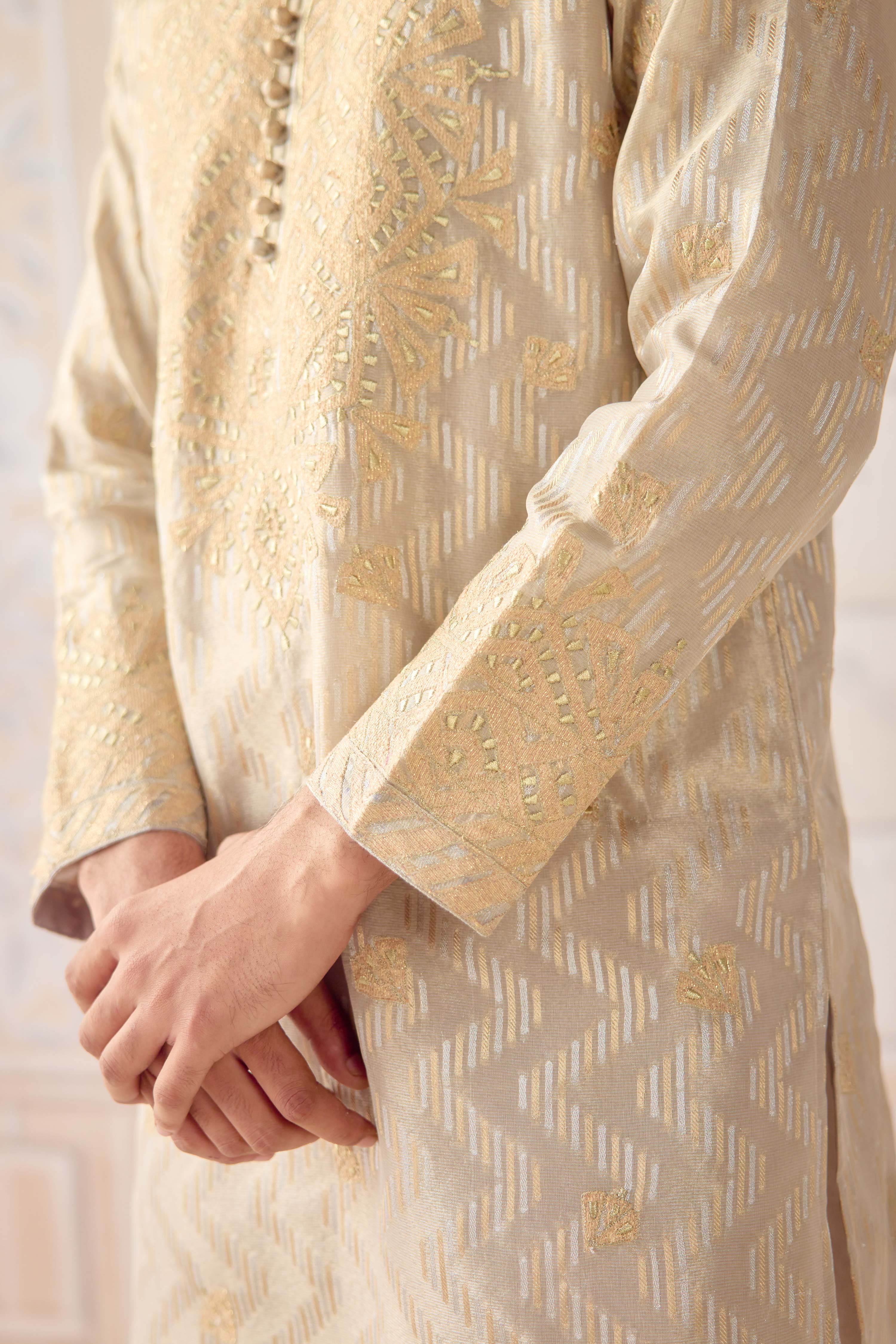 Birch metalic organza silk brocade kurta set with gold applique embroidery and thread work