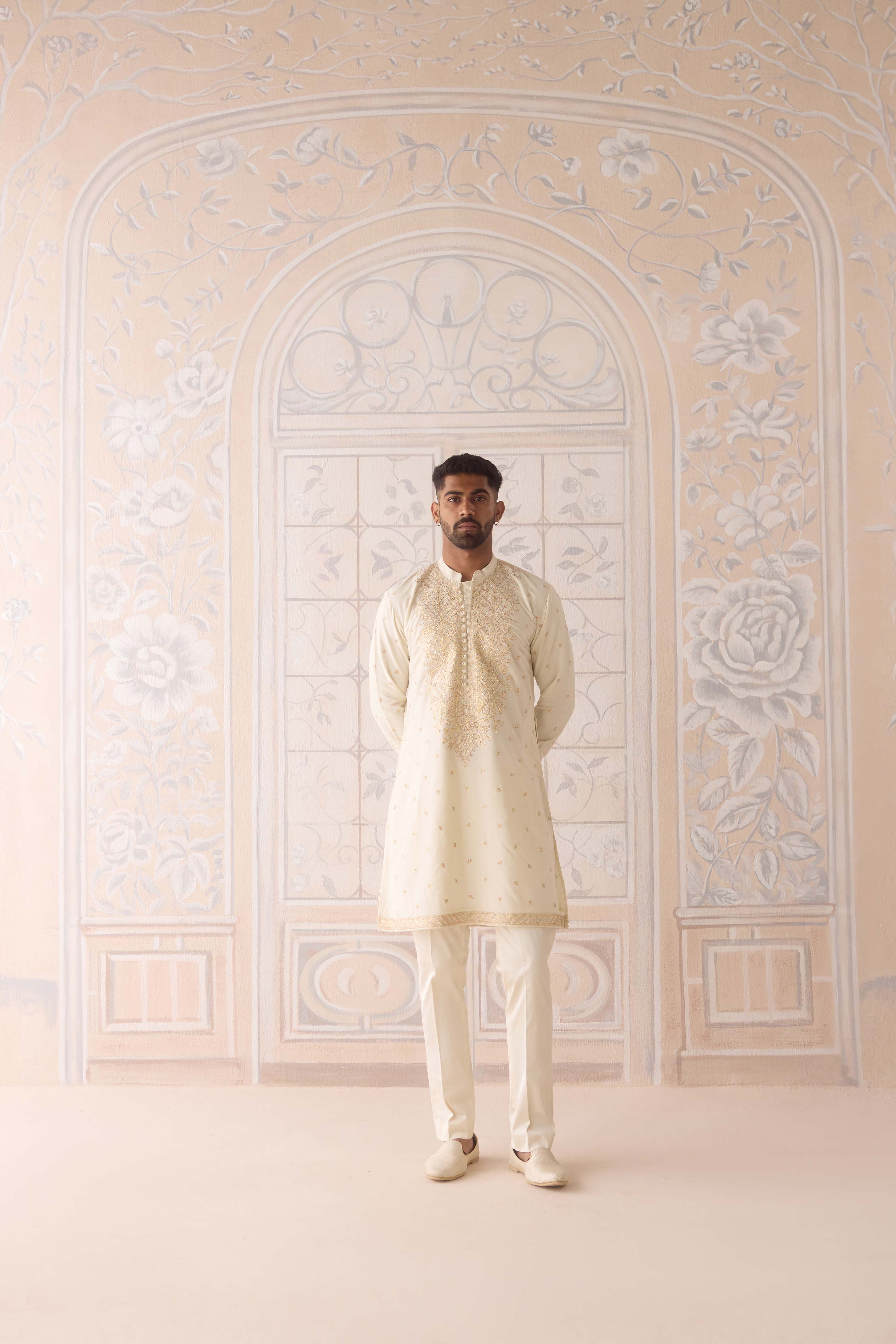 Egret off white gold dori and thread embroidered cotton silk kurta with trousers