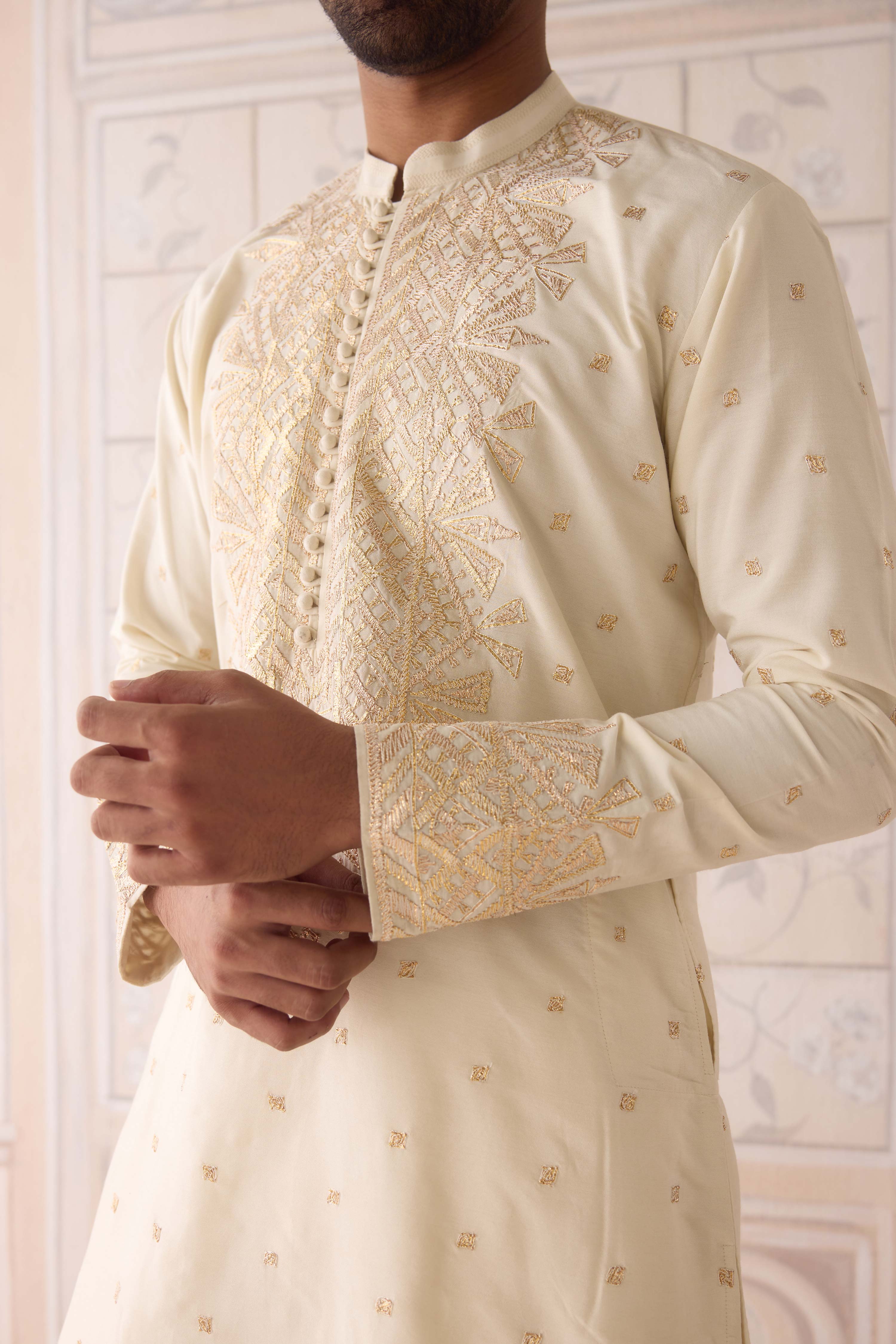 Egret off white gold dori and thread embroidered cotton silk kurta with trousers