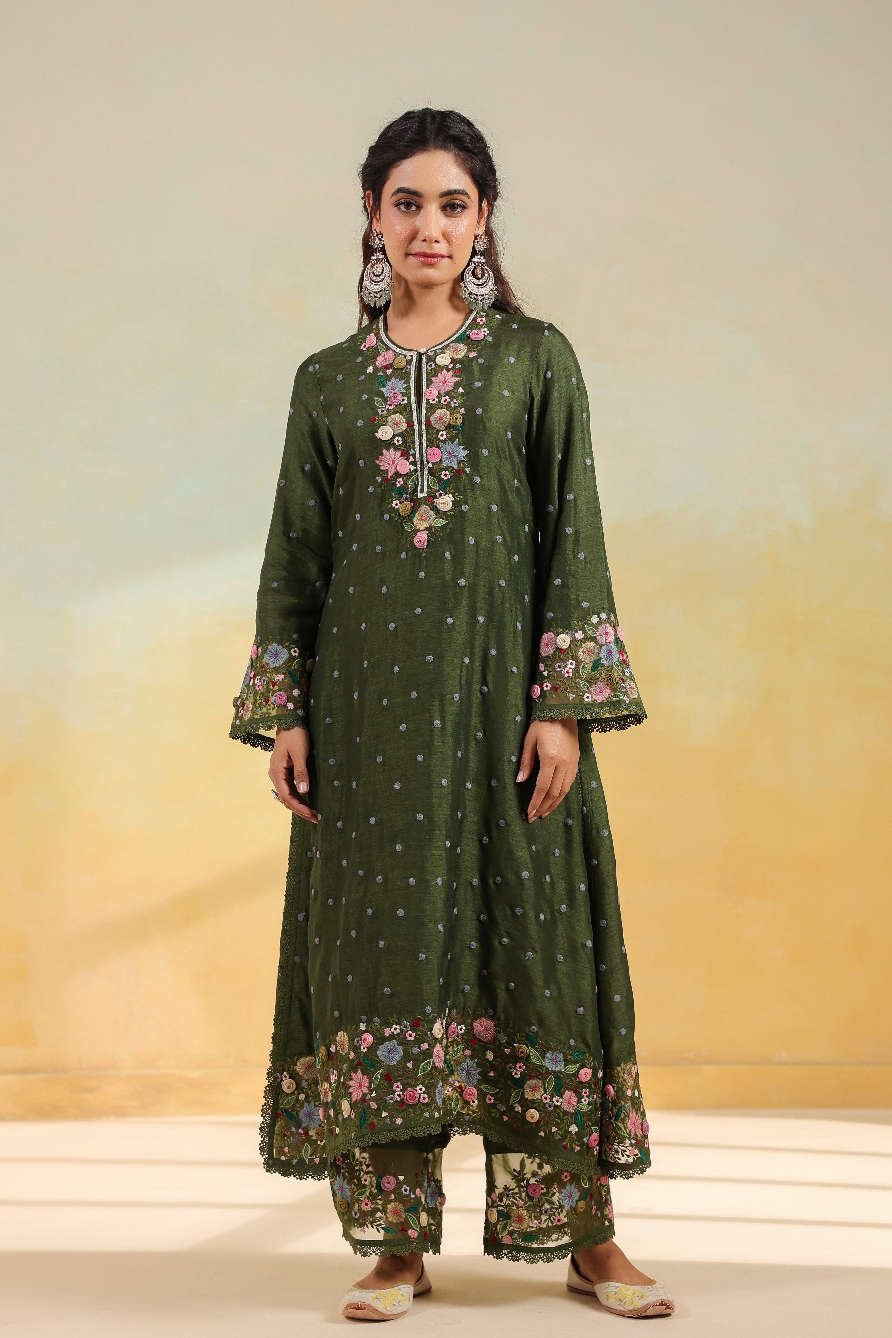 Olive Green Orchid Long Kurta