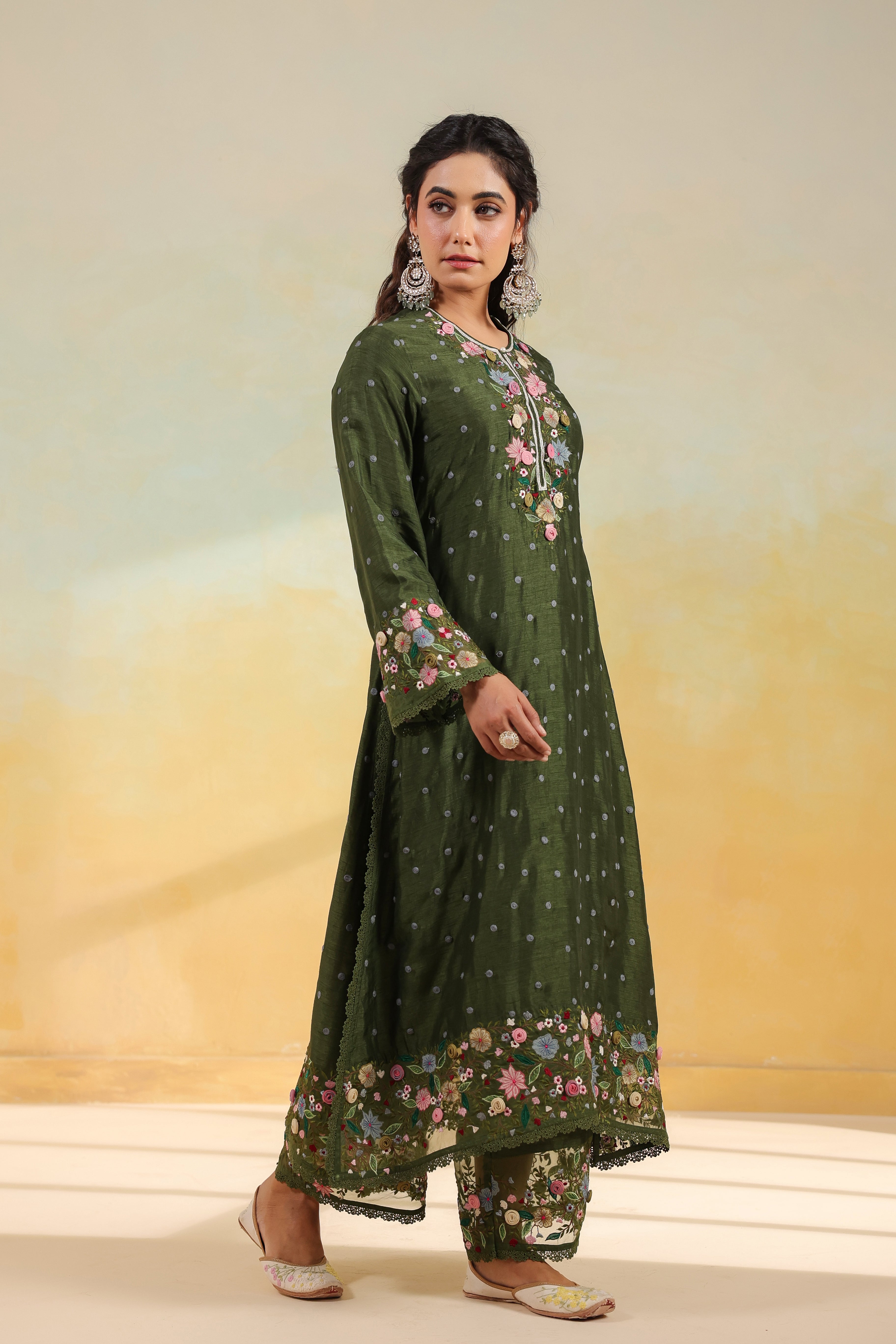 Olive Green Orchid Long Kurta