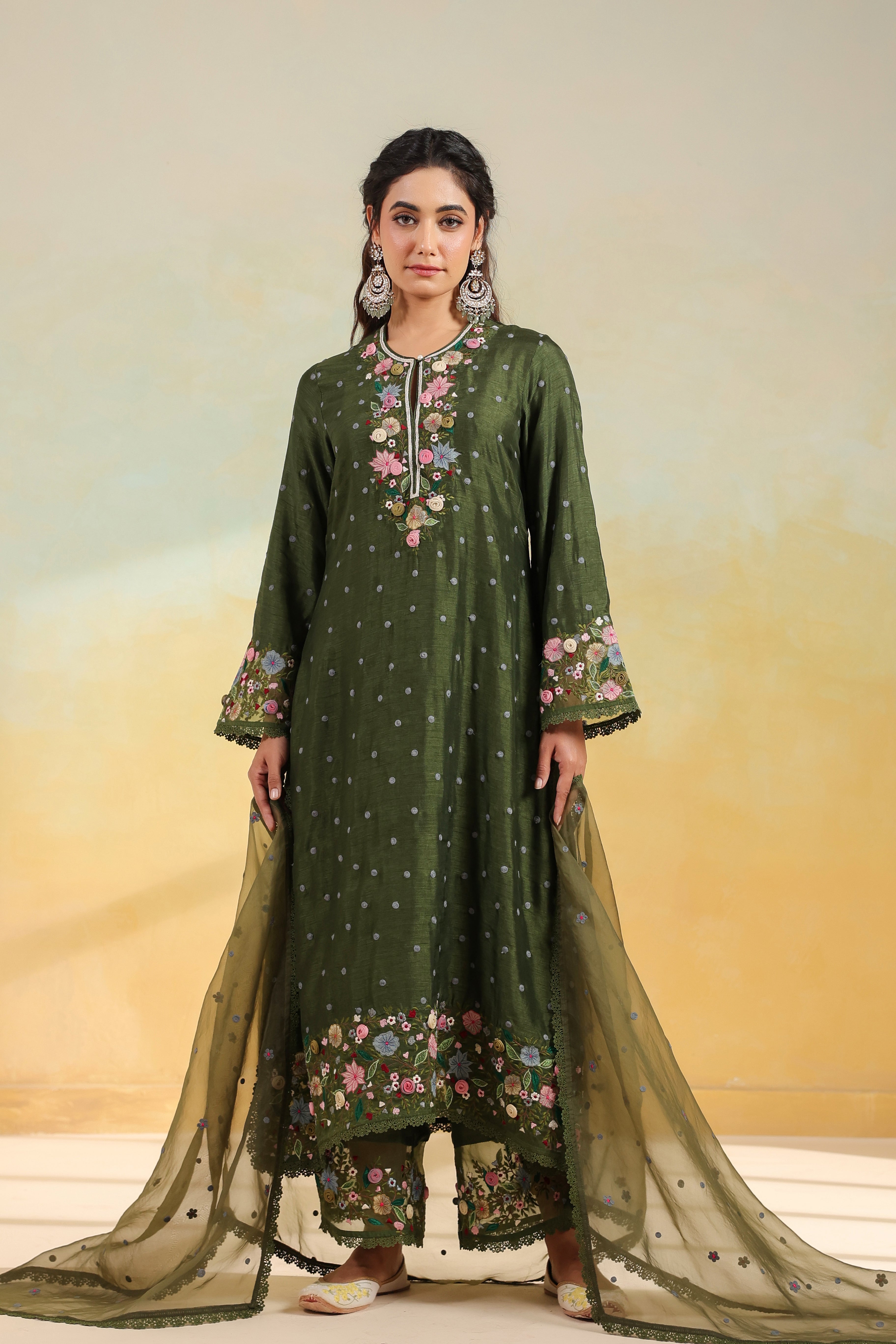 Olive Green Orchid Long Kurta