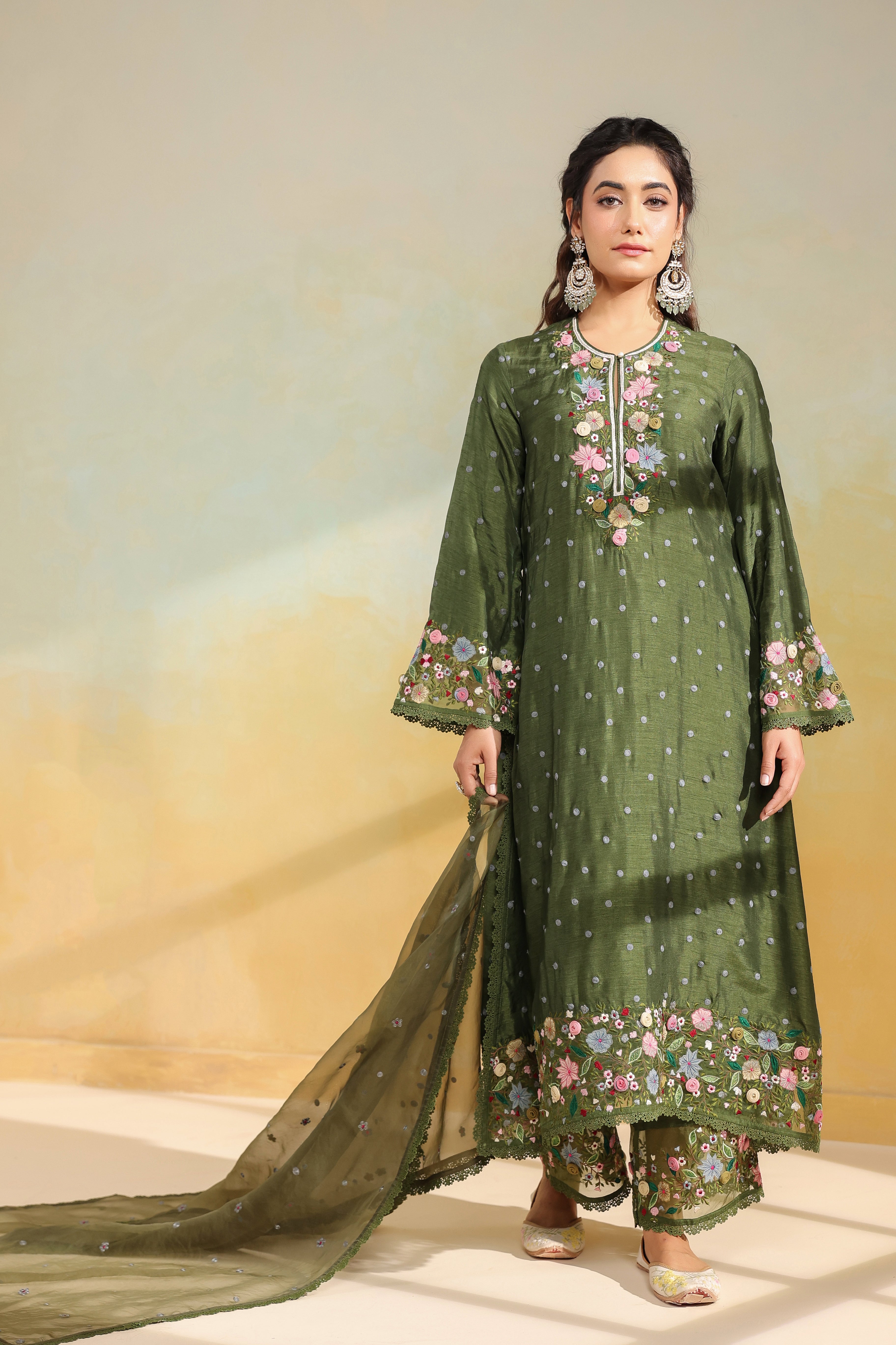 Olive Green Orchid Long Kurta