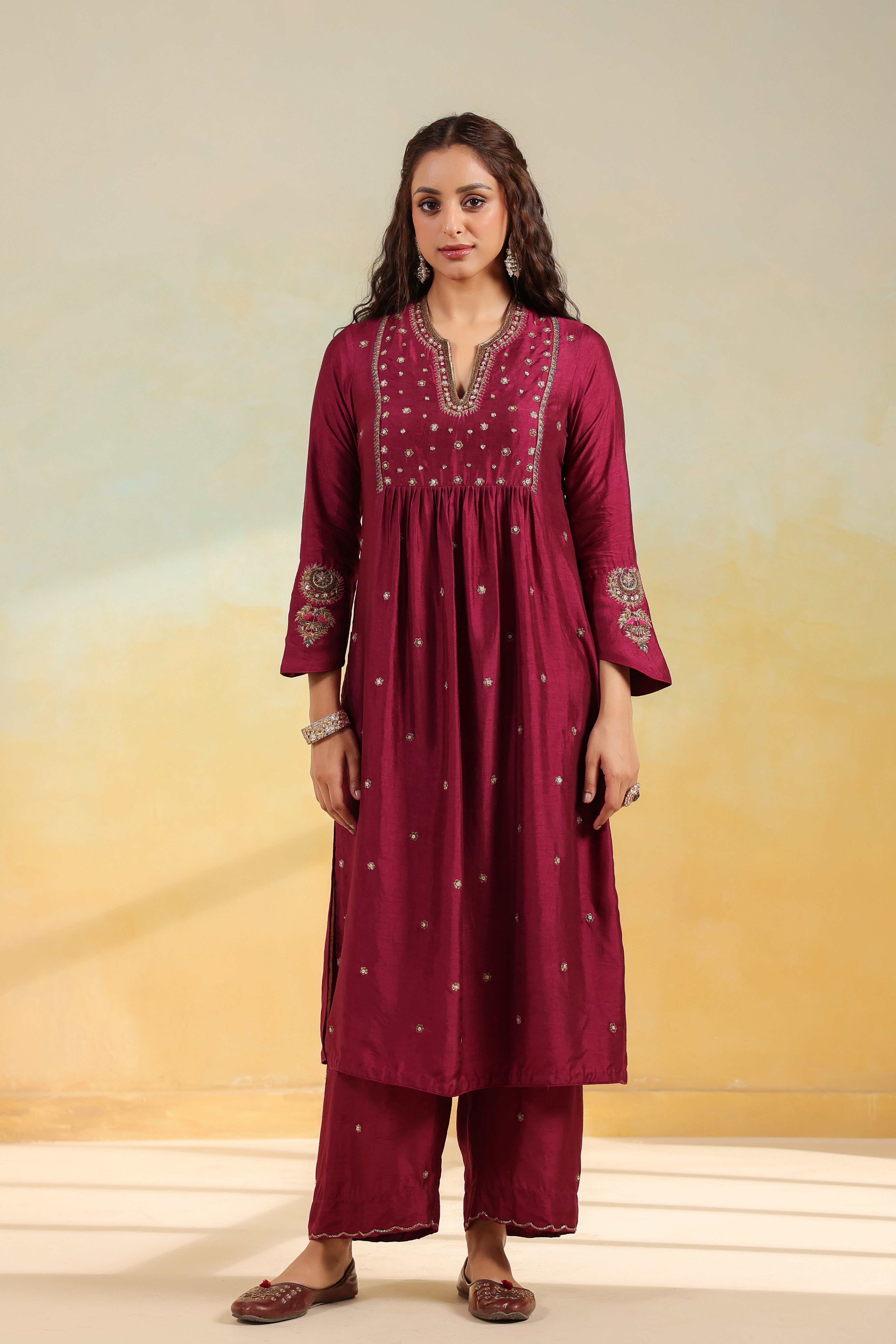 Wine Zardozi Kurta Set