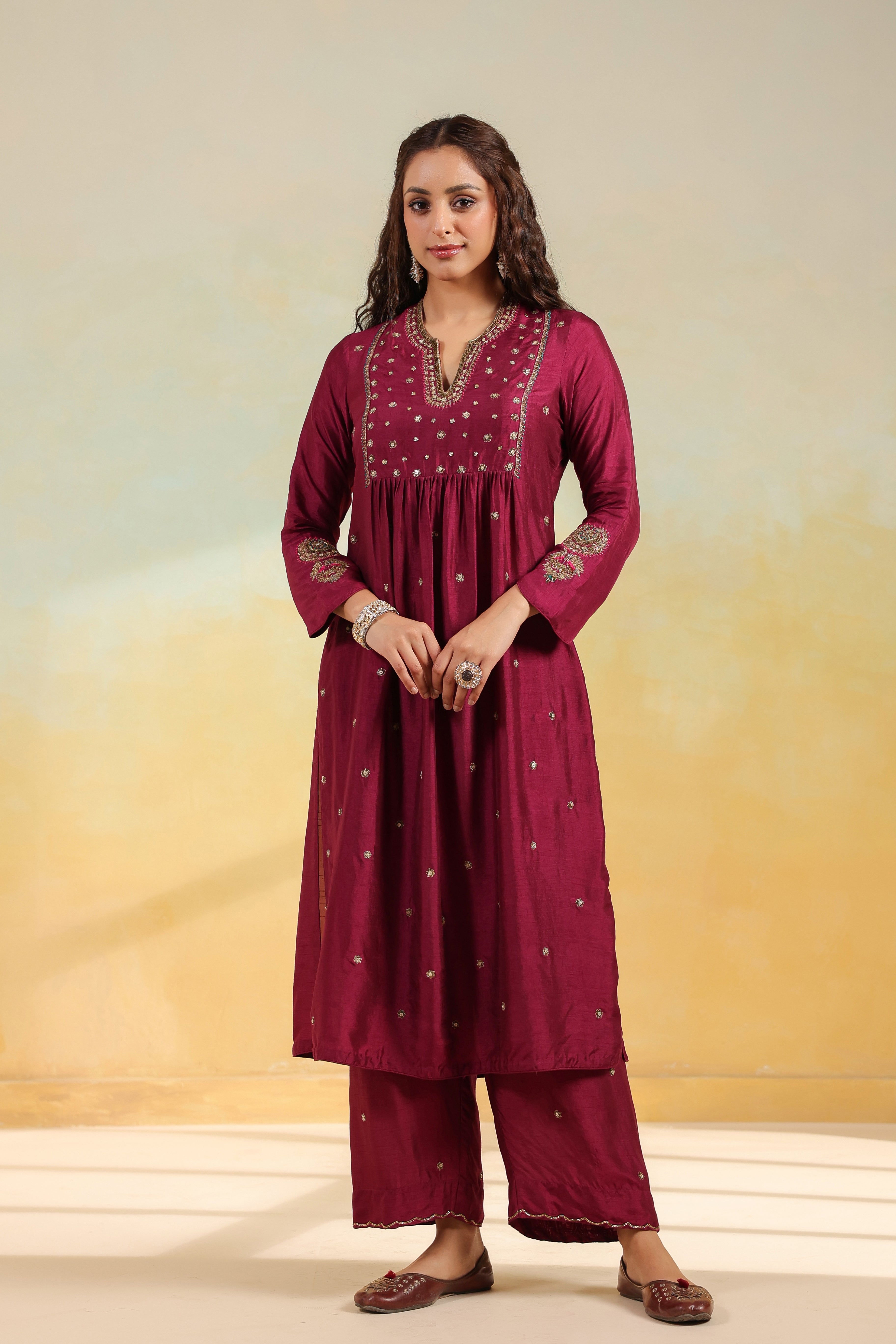 Wine Zardozi Kurta Set