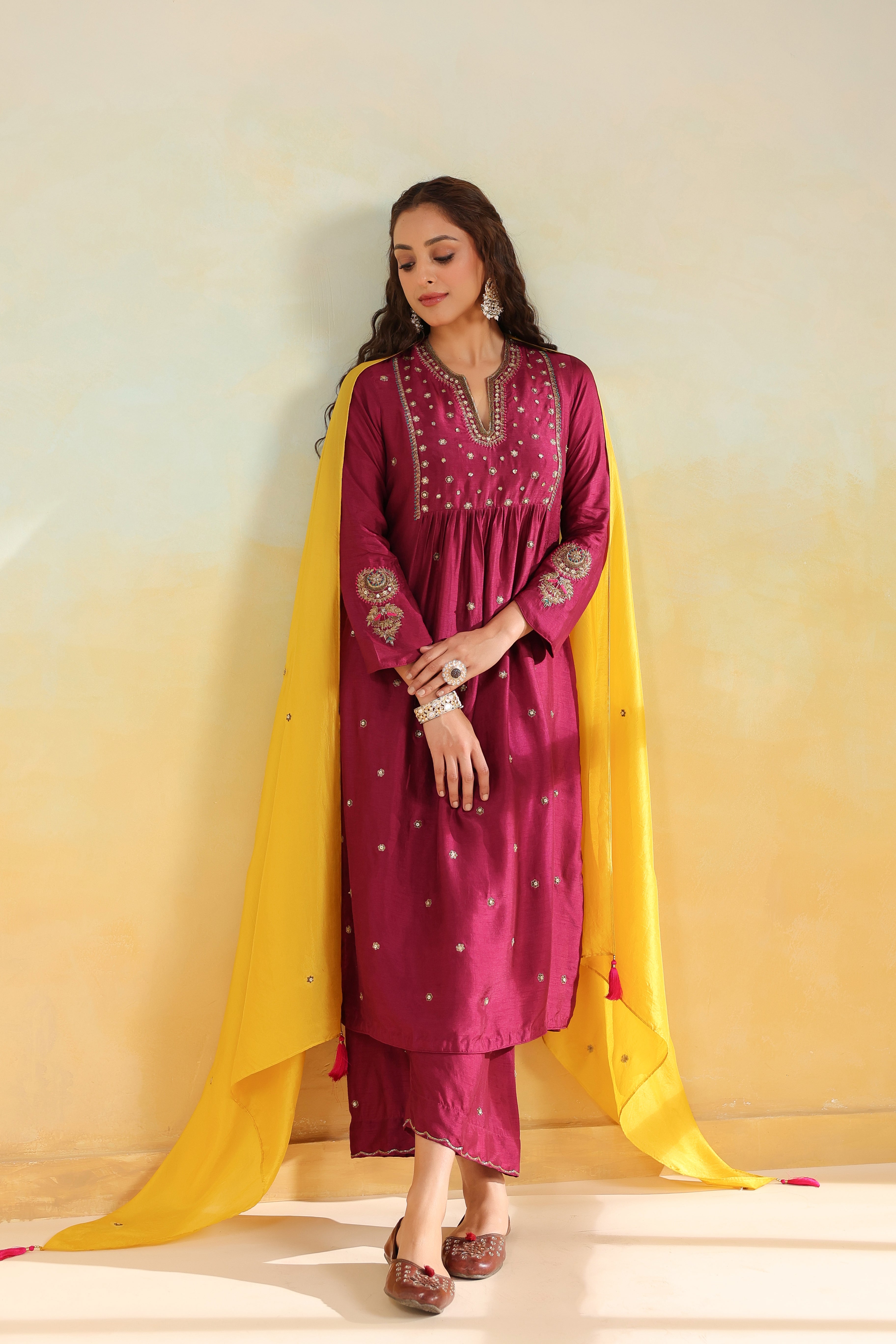 Wine Zardozi Kurta Set