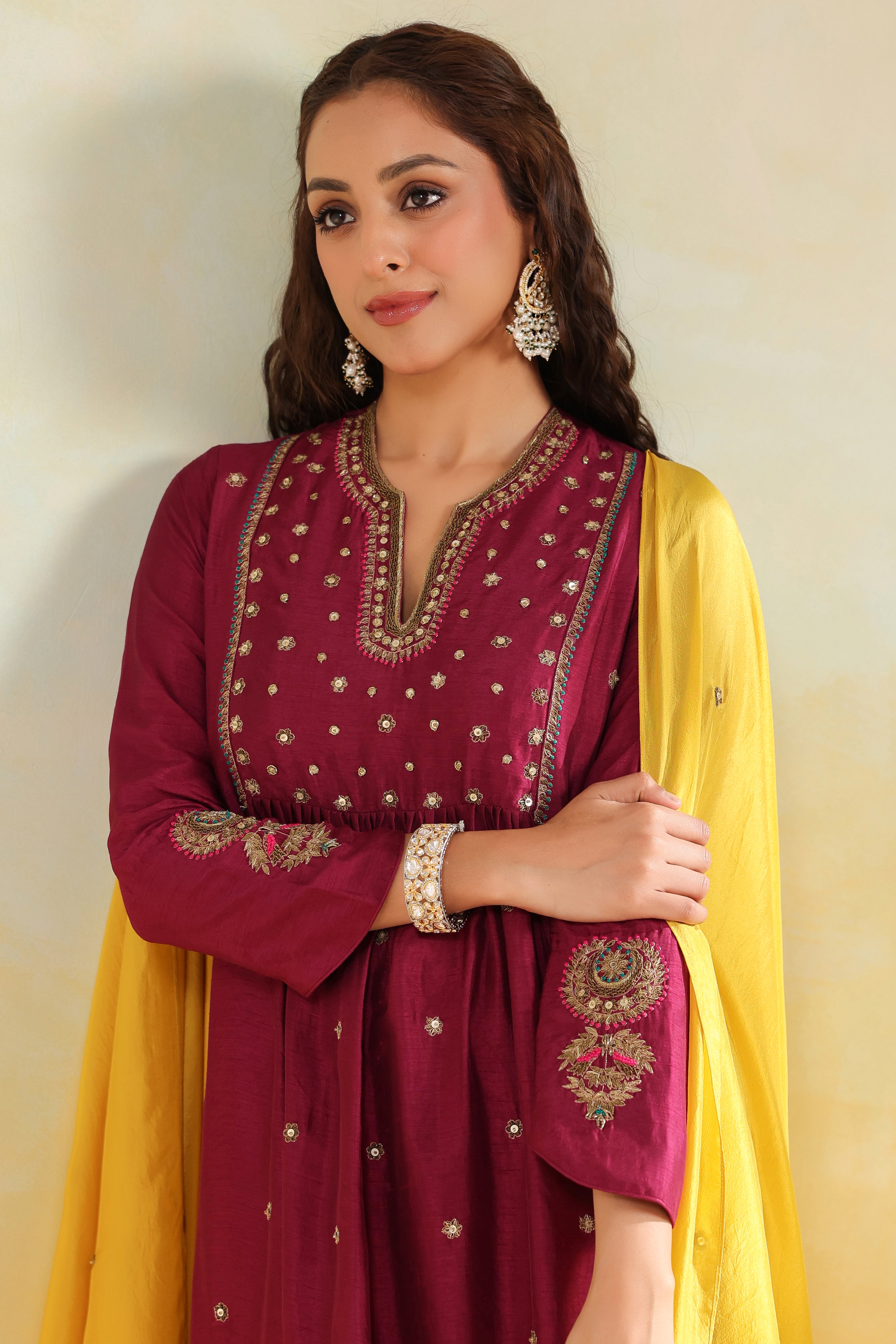 Wine Zardozi Kurta Set