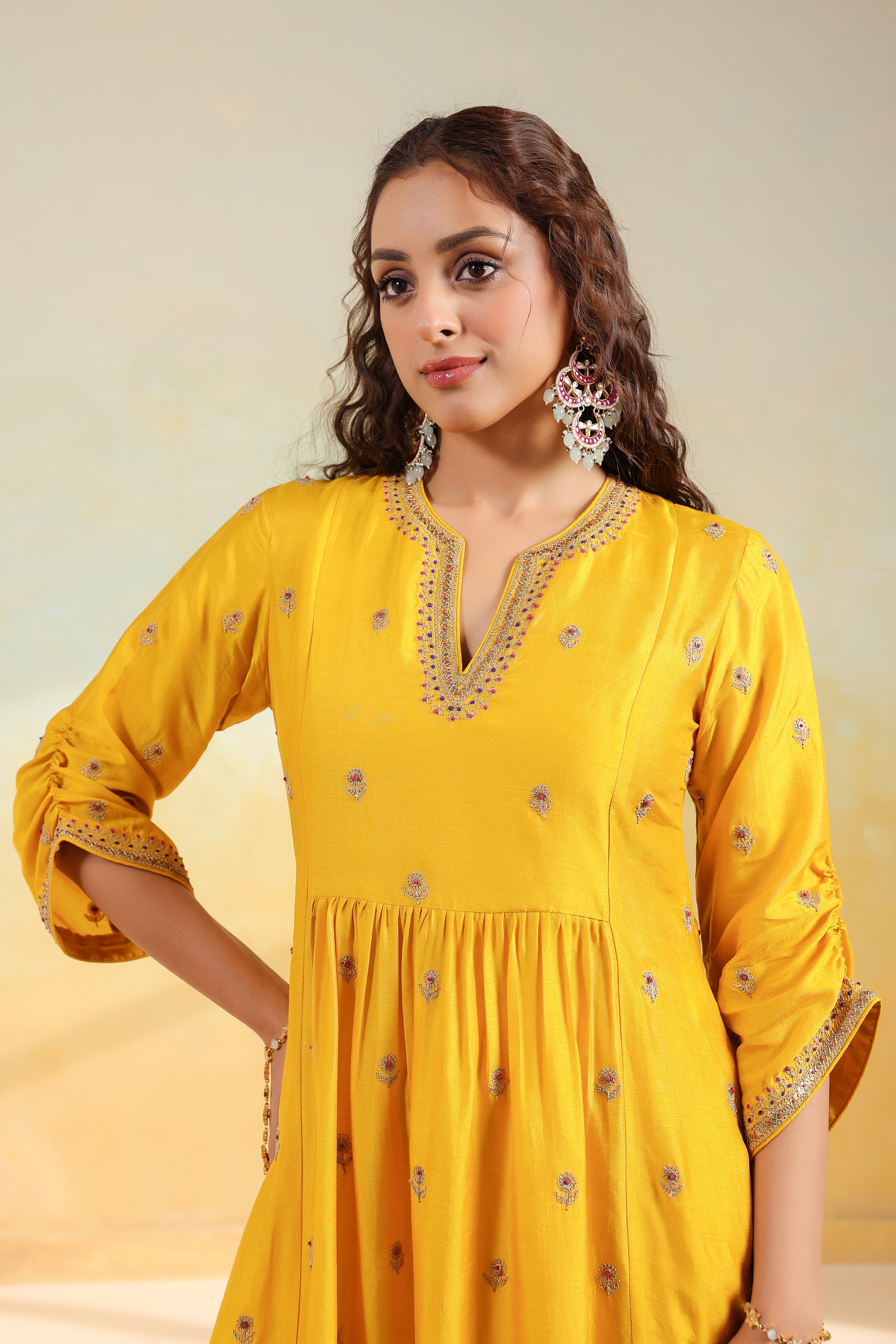 Yellow Multi Zardozi Buti Frockstyle Kurta set