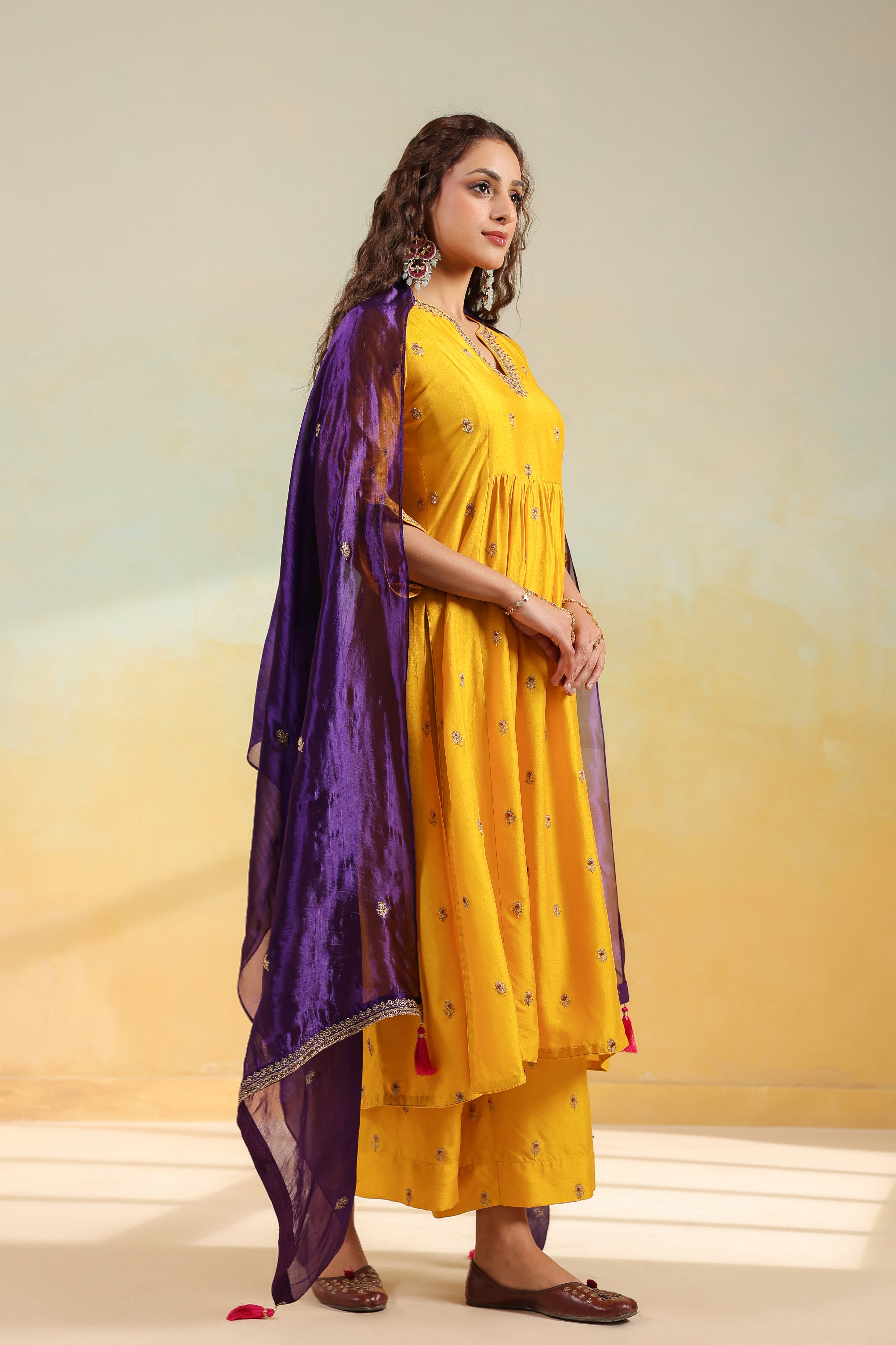 Yellow Multi Zardozi Buti Frockstyle Kurta set