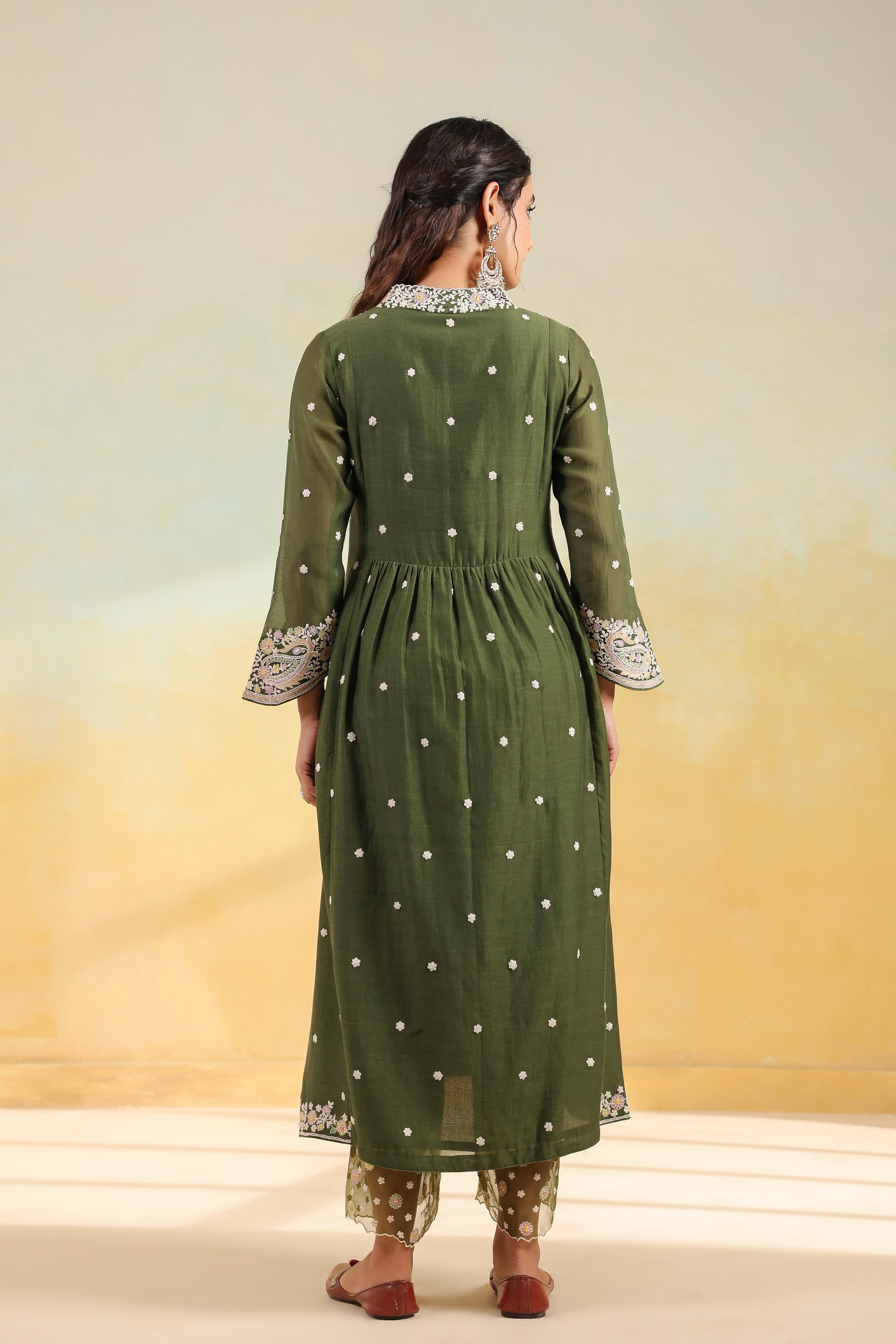 Olive Green Dori Paisley Frock Style Kurta Set