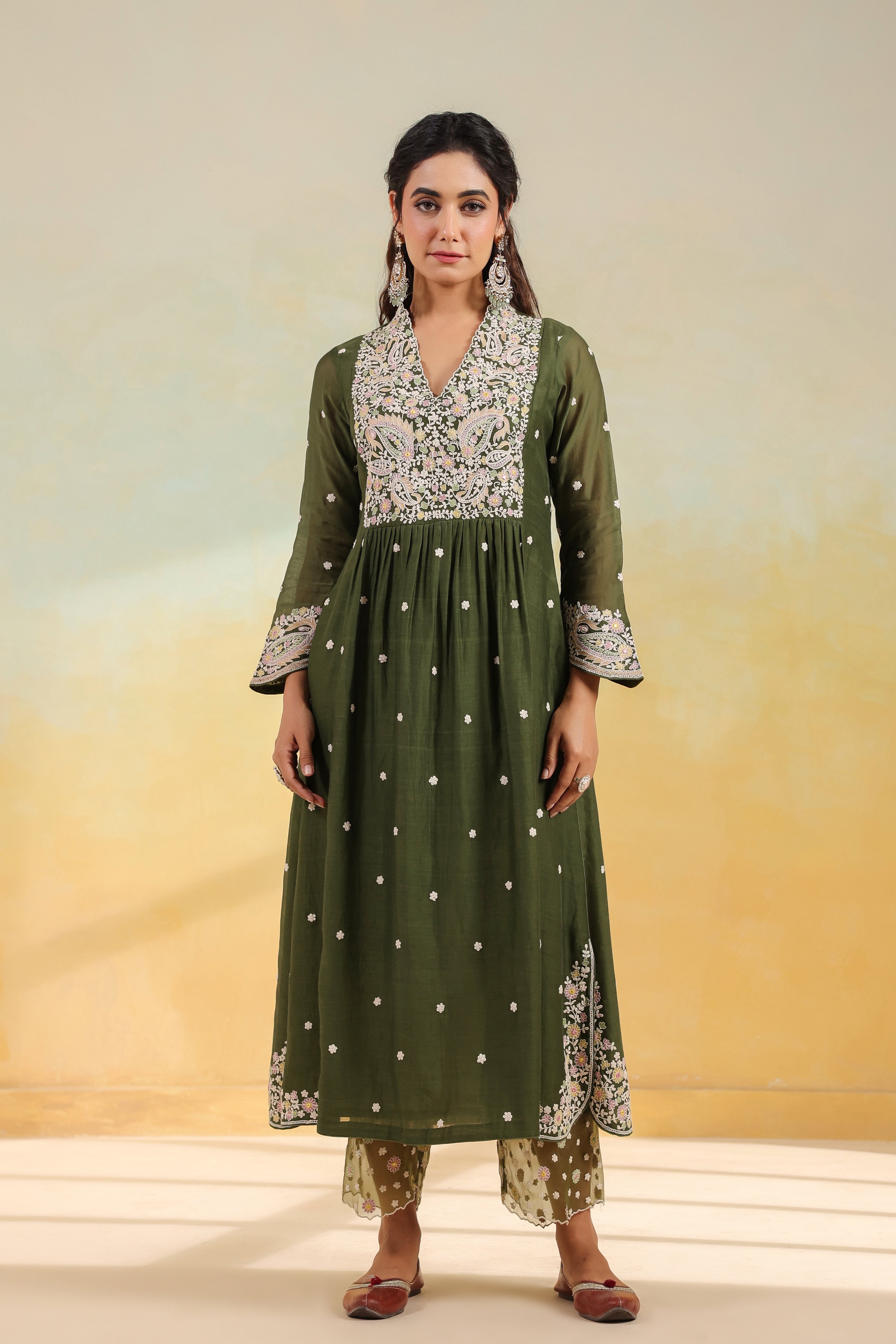 Olive Green Dori Paisley Frock Style Kurta Set