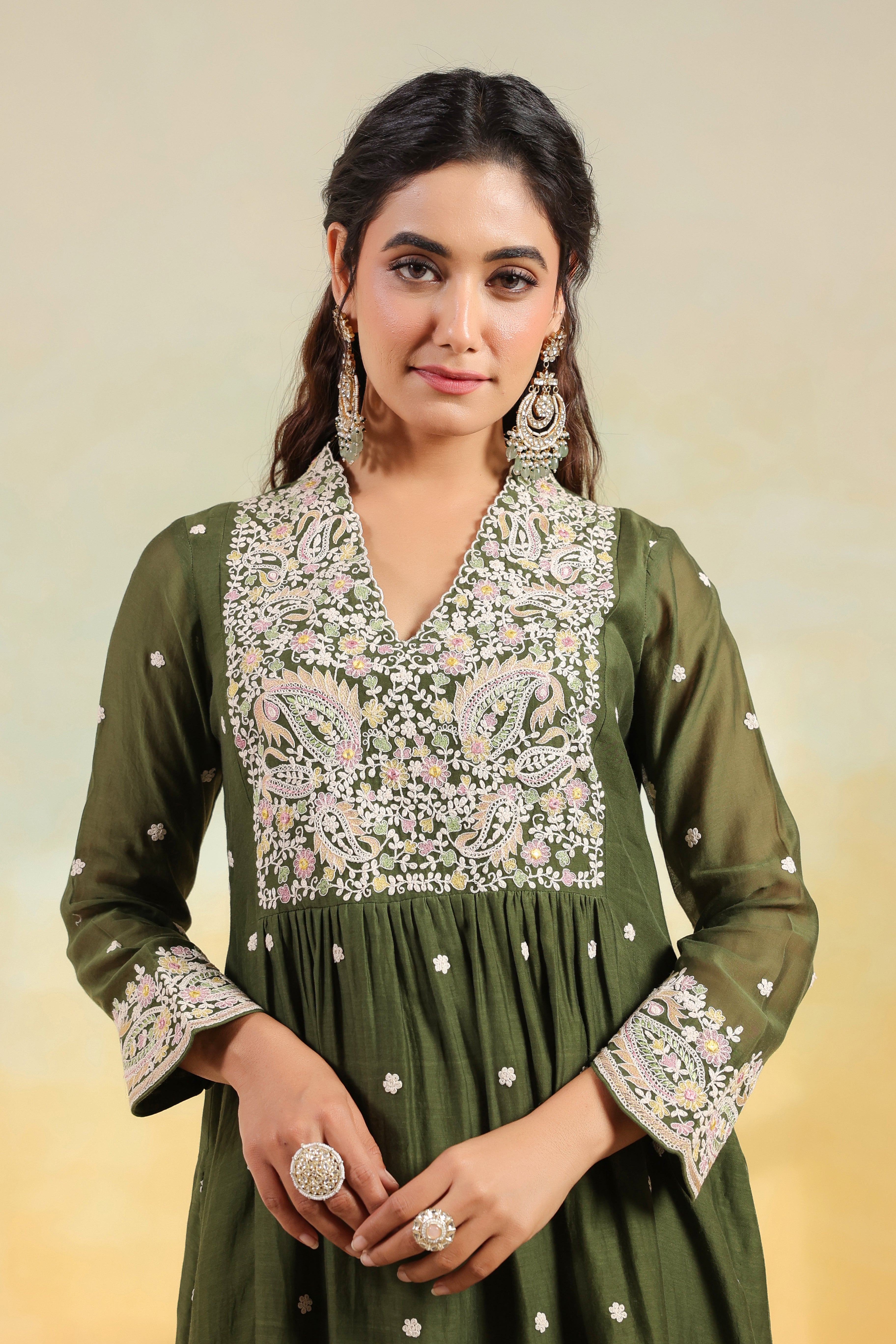 Olive Green Dori Paisley Frock Style Kurta Set