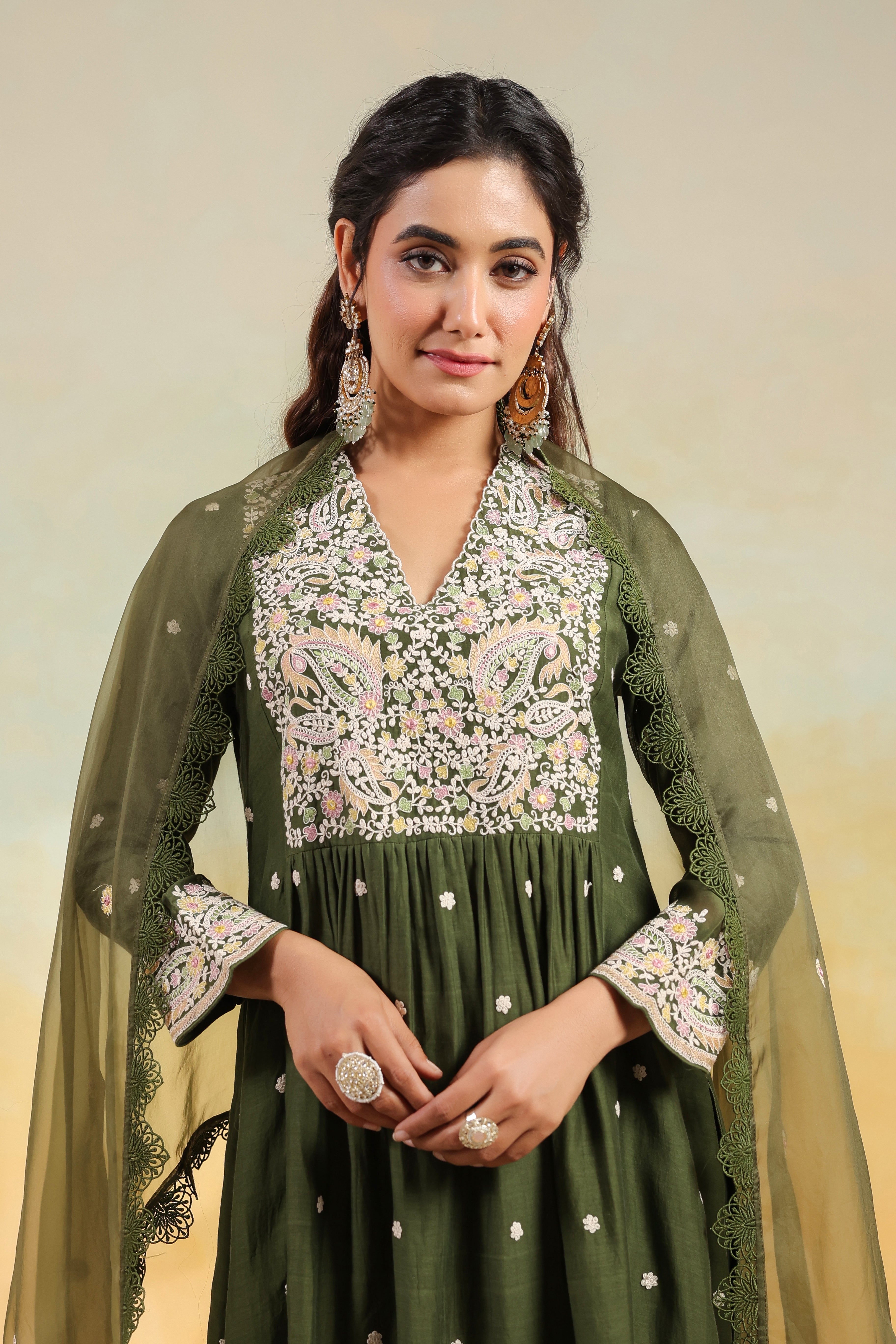 Olive Green Dori Paisley Frock Style Kurta Set