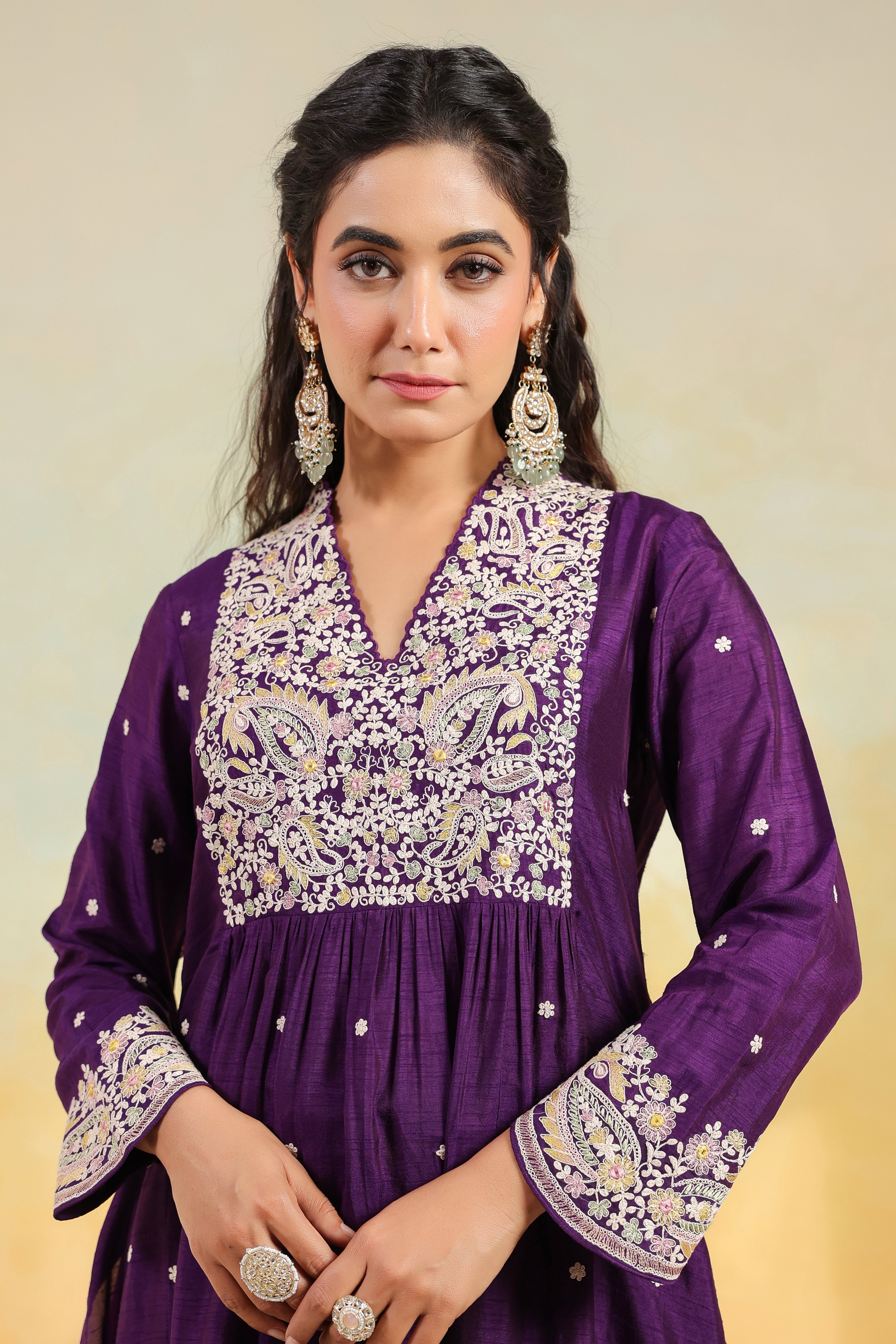 Purple Dori Paisley Frock Style Kurta Set