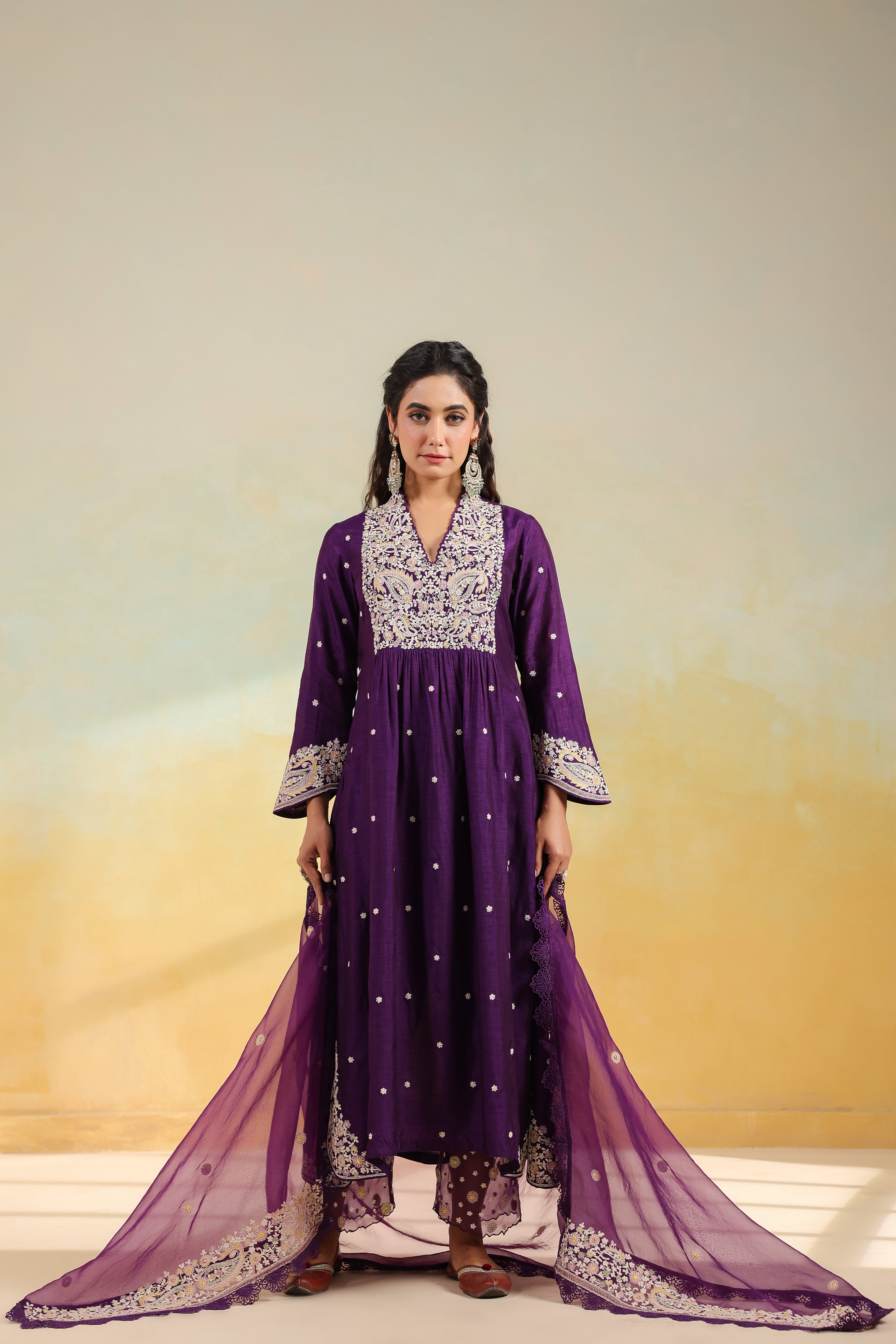 Purple Dori Paisley Frock Style Kurta Set