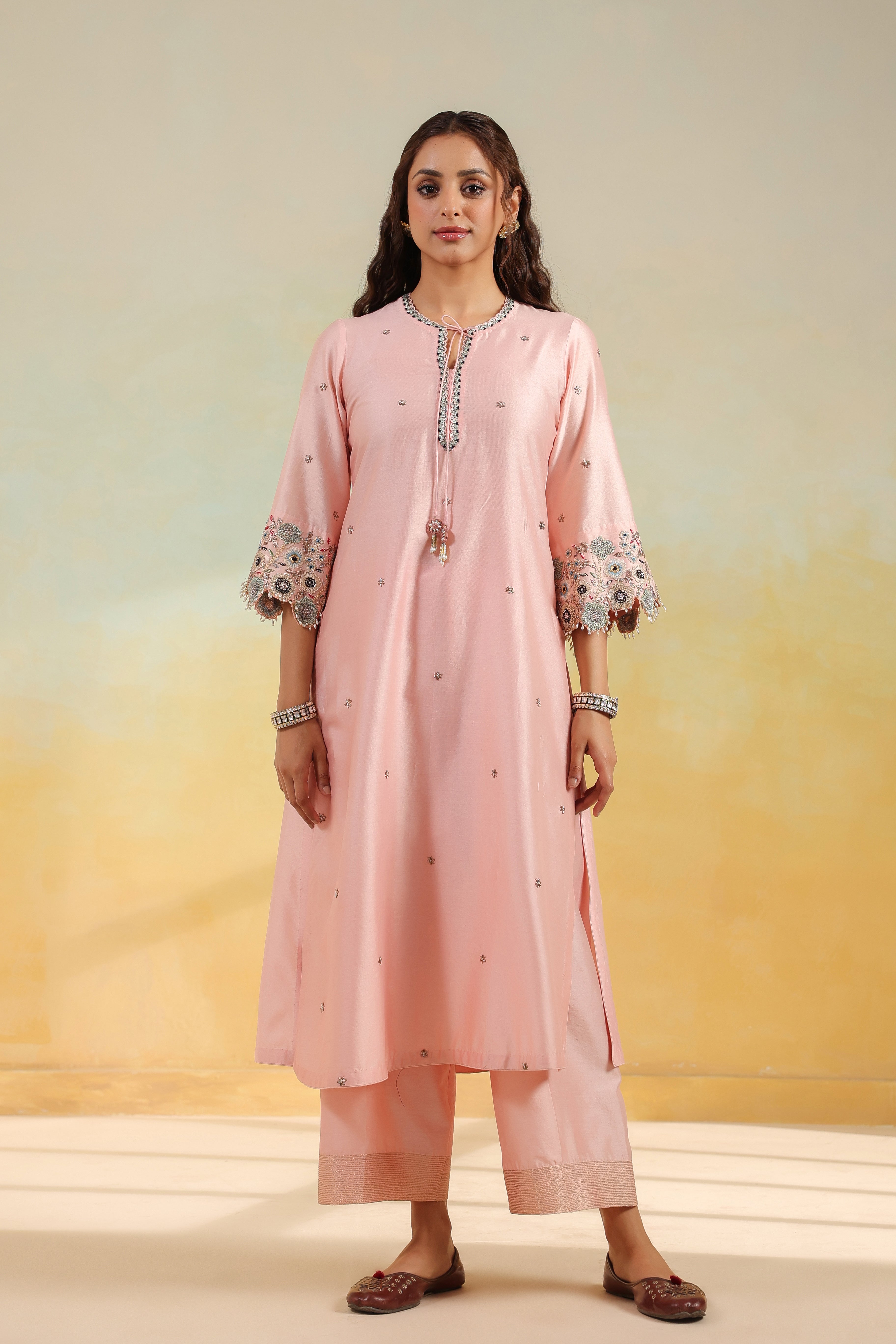 Light Pink Rose Cut Scallop Kurta Set