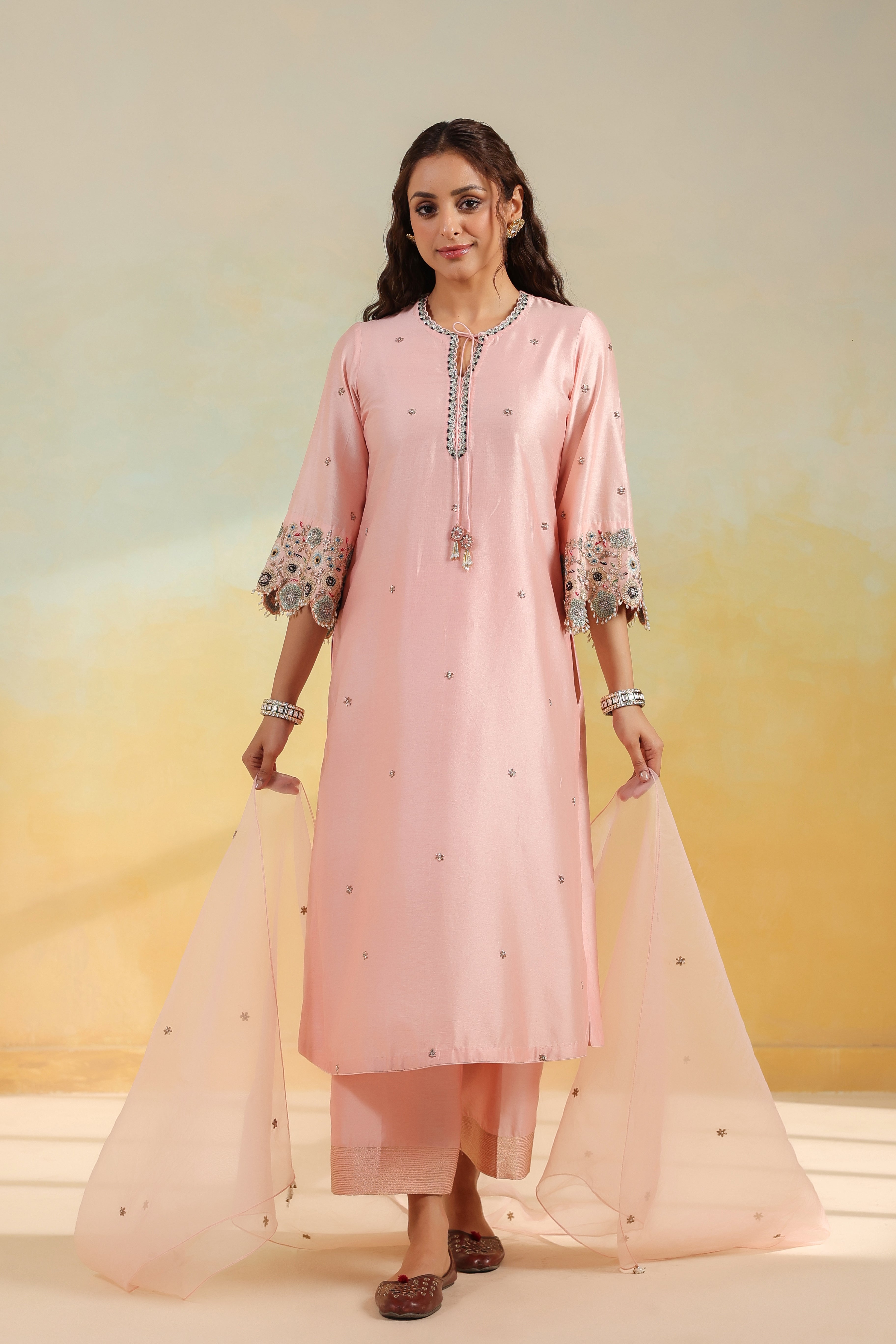Light Pink Rose Cut Scallop Kurta Set