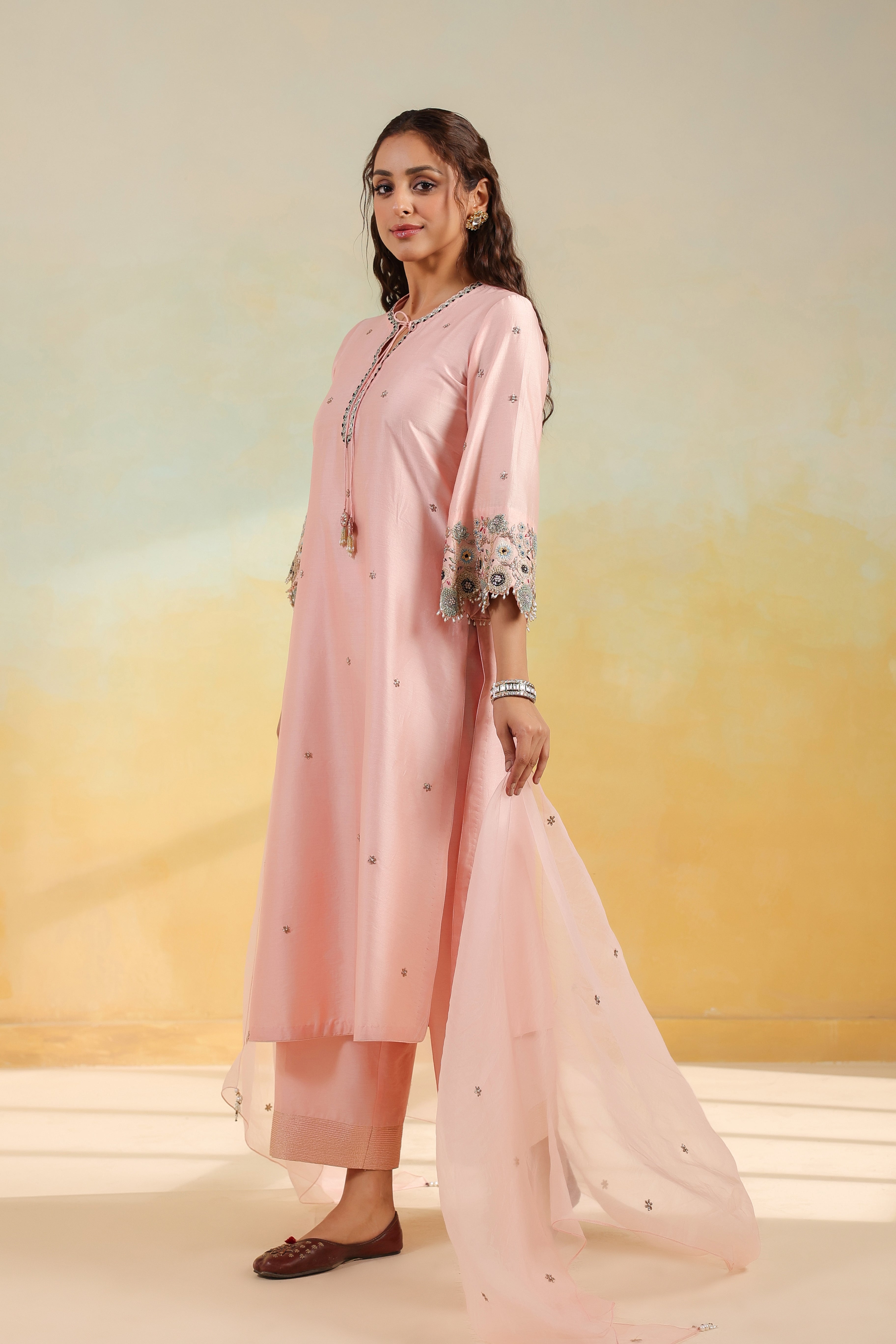 Light Pink Rose Cut Scallop Kurta Set
